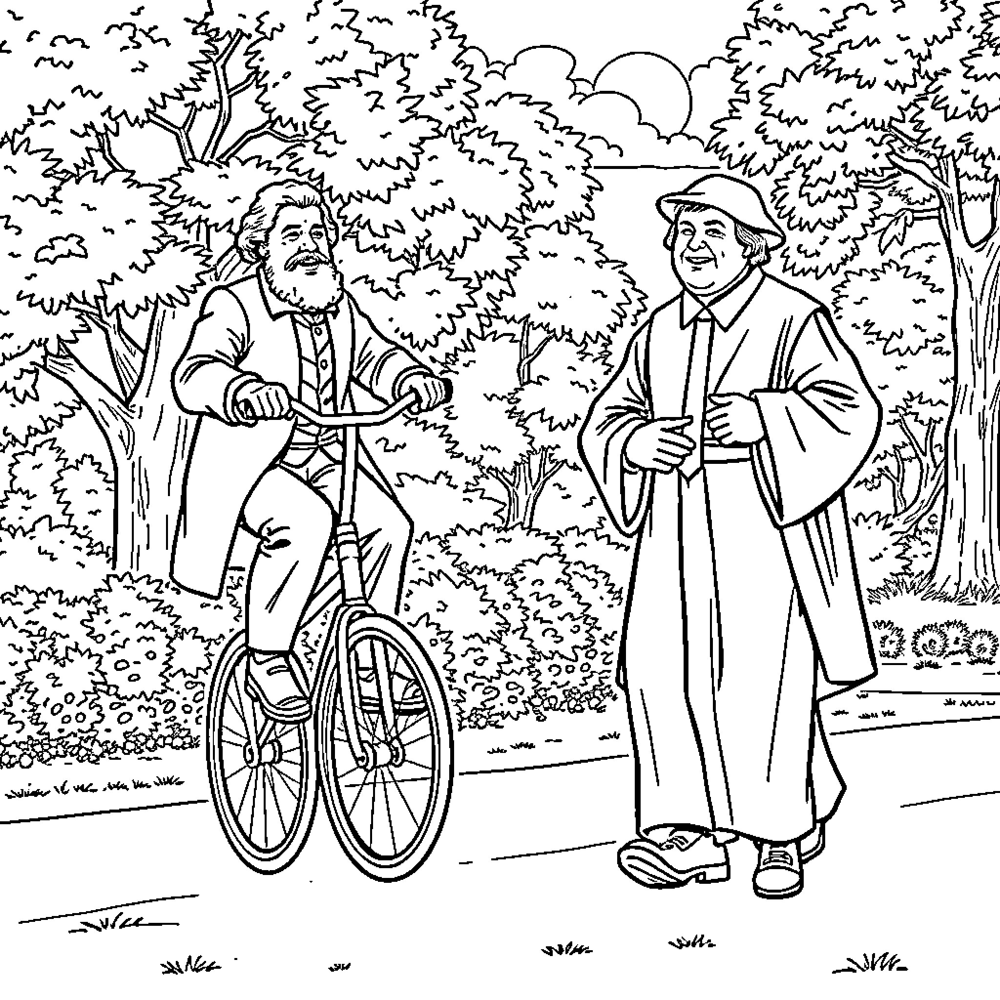 Spurgeon's Pastoral Encounter in the Park Coloring Page (free black-and-white line drawing printable PDF for all, from beginners to advanced learners, including children, teens, adults, and seniors)