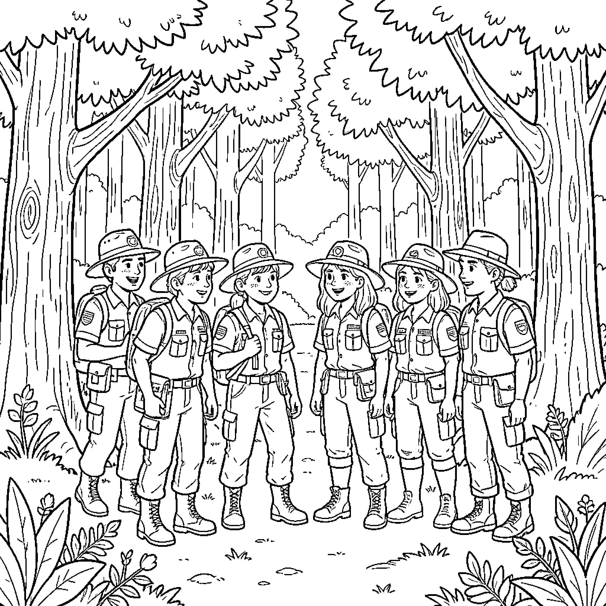 Forest Warden Troop Gathers in the Woods Coloring Page (free black-and-white line drawing printable PDF for all, from beginners to advanced learners, including children, teens, adults, and seniors)
