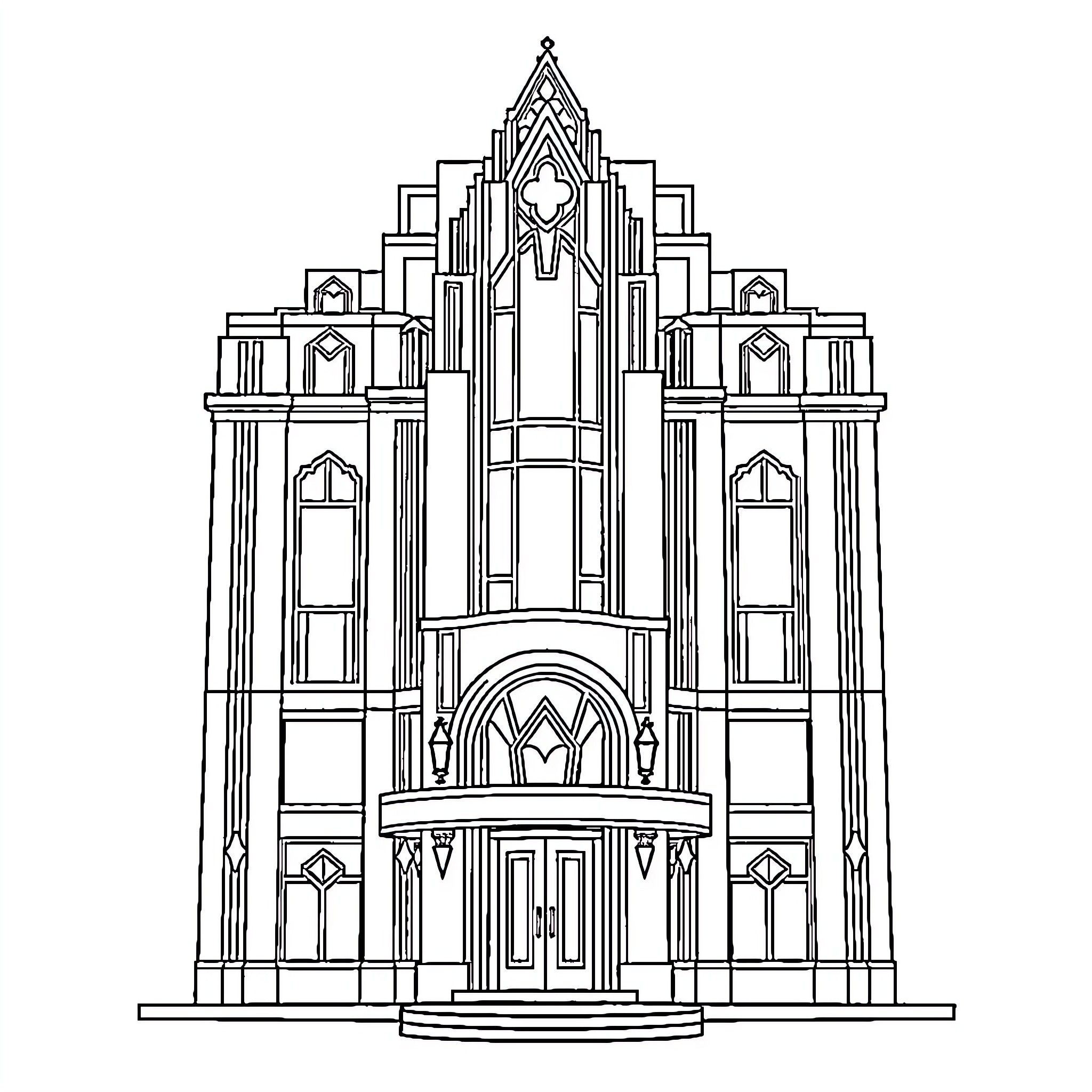 Art Deco Architectural Illustration of a Prominent Building Coloring Page (free black-and-white line drawing printable PDF for all, from beginners to advanced learners, including children, teens, adults, and seniors)