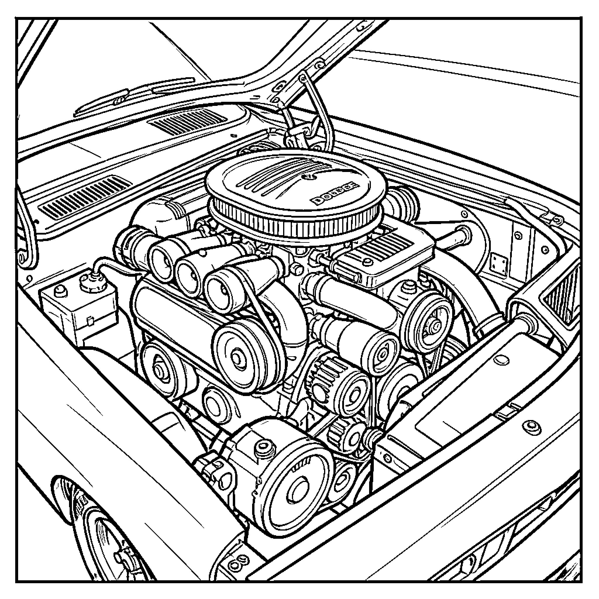 Dodge car engine showing intricate mechanical details Coloring Page (free black-and-white line drawing printable PDF for all, from beginners to advanced learners, including children, teens, adults, and seniors)