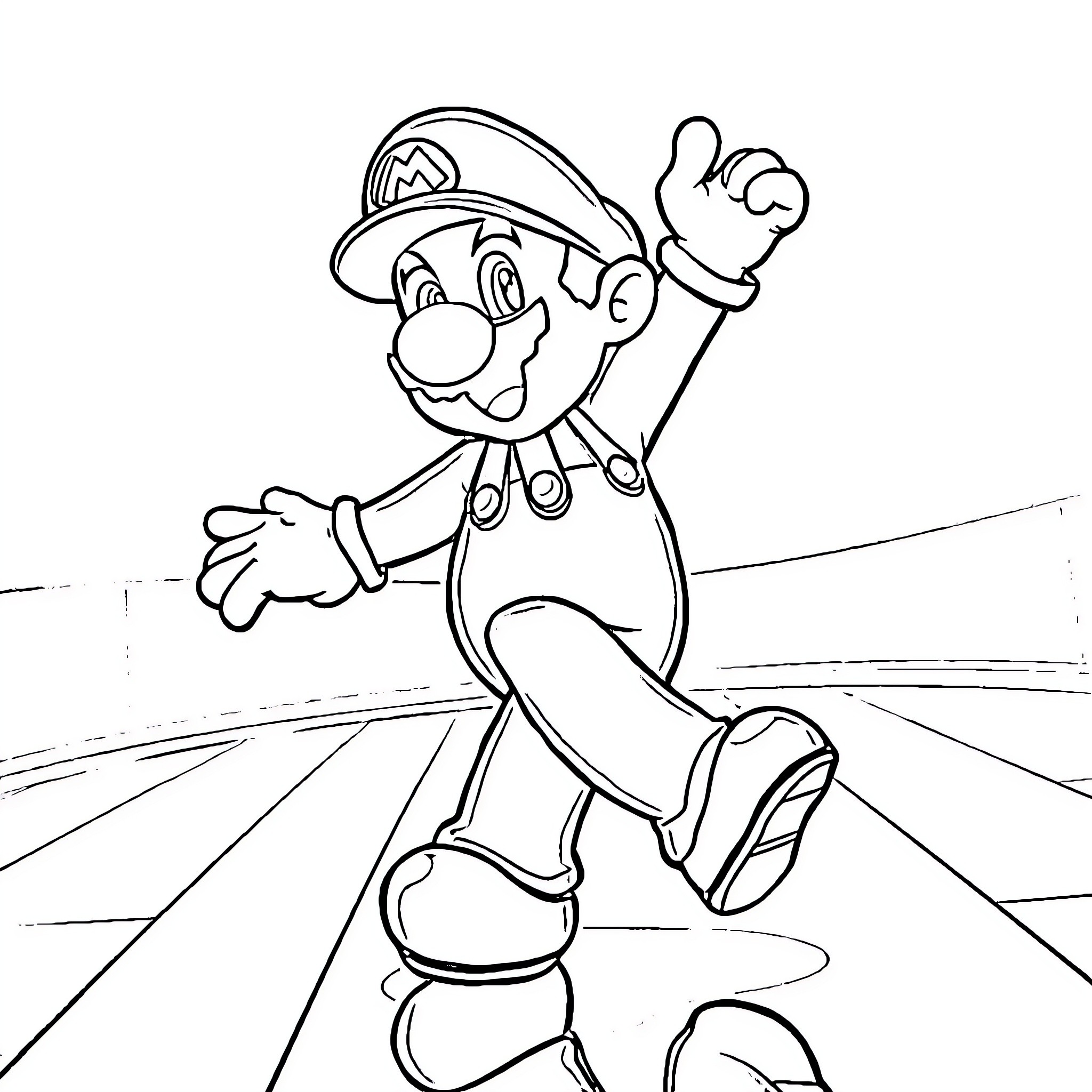 Mario in action pose with expression Coloring Page (free black-and-white line drawing printable PDF for all, from beginners to advanced learners, including children, teens, adults, and seniors)