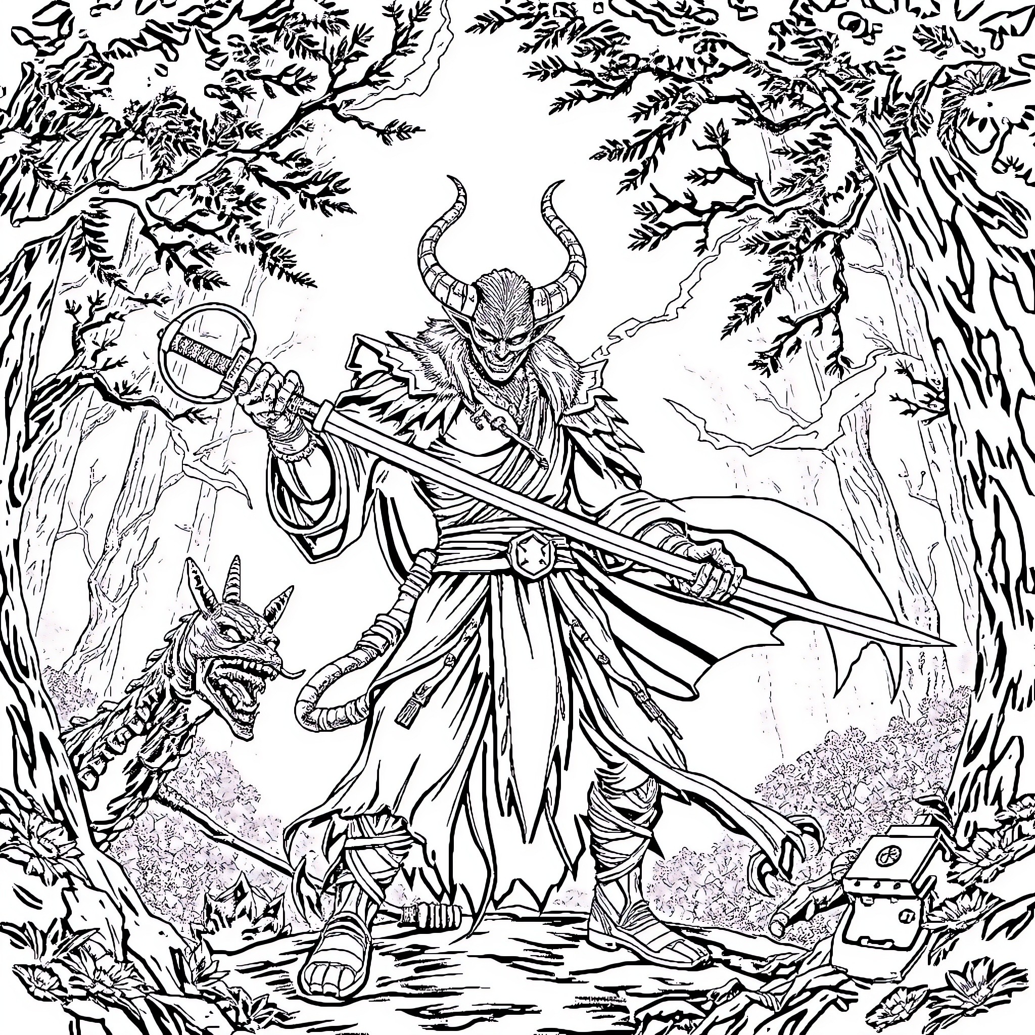 Akaza's Ominous Confrontation in the Enchanted Forest Coloring Page (free black-and-white line drawing printable PDF for all, from beginners to advanced learners, including children, teens, adults, and seniors)