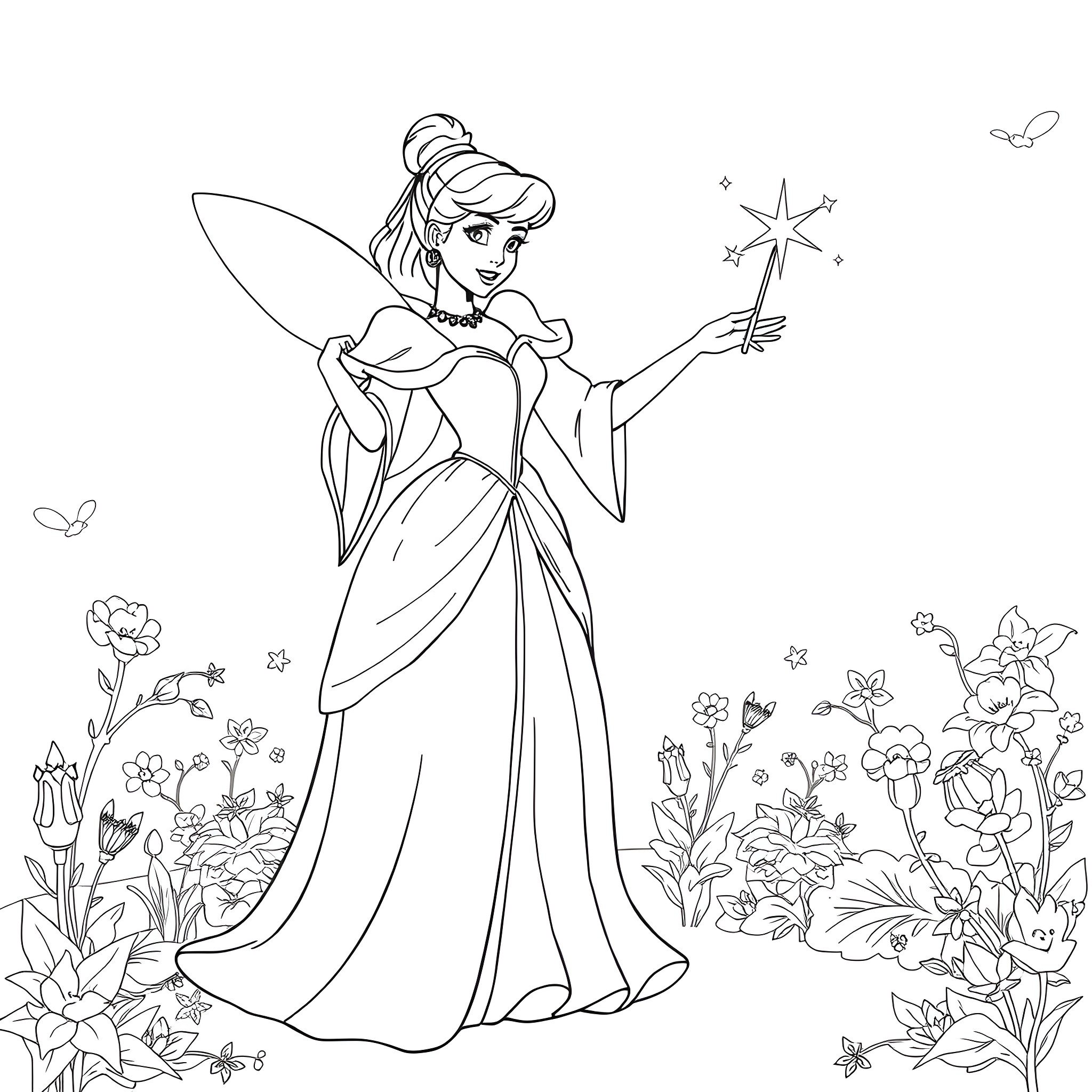 Cinderella's Magical Transformation in the Garden Coloring Page (free black-and-white line drawing printable PDF for all, from beginners to advanced learners, including children, teens, adults, and seniors)