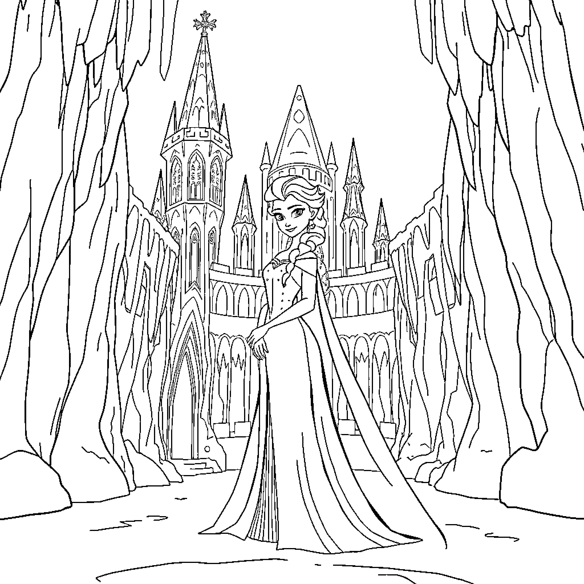 Princess Elsa in front of a grand castle Coloring Page (free black-and-white line drawing printable PDF for all, from beginners to advanced learners, including children, teens, adults, and seniors)