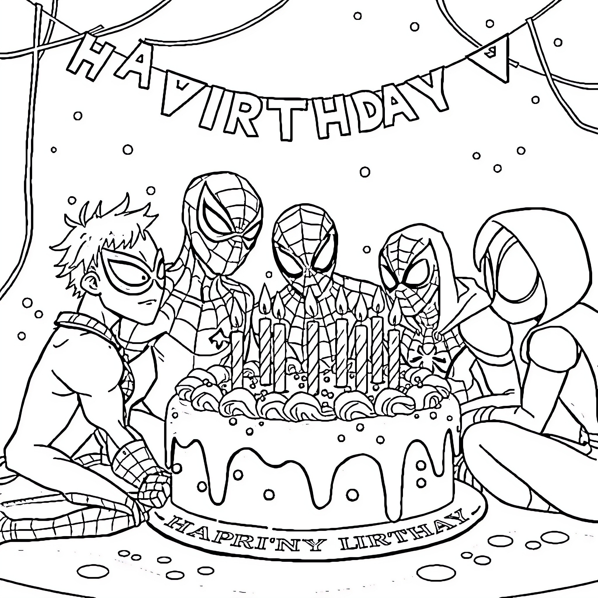 Spider characters celebrating birthday party Coloring Page (free black-and-white line drawing printable PDF for all, from beginners to advanced learners, including children, teens, adults, and seniors)
