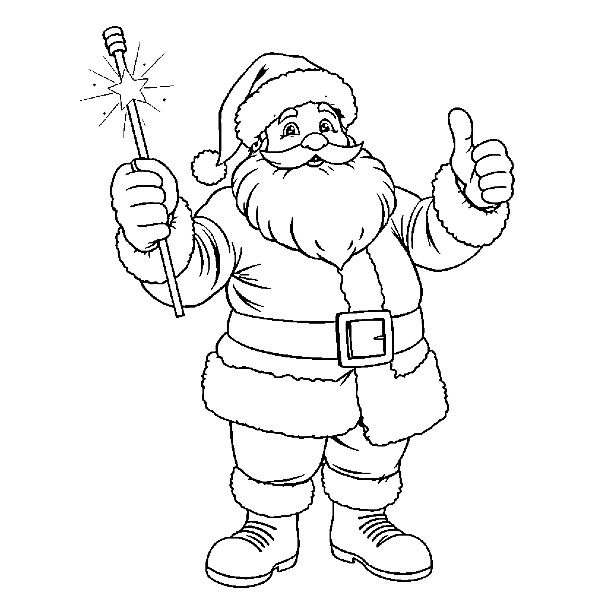 Santa Claus waving a sparkly wand and giving a thumbs up Coloring Page (free black-and-white line drawing printable PDF for all, from beginners to advanced learners, including children, teens, adults, and seniors)