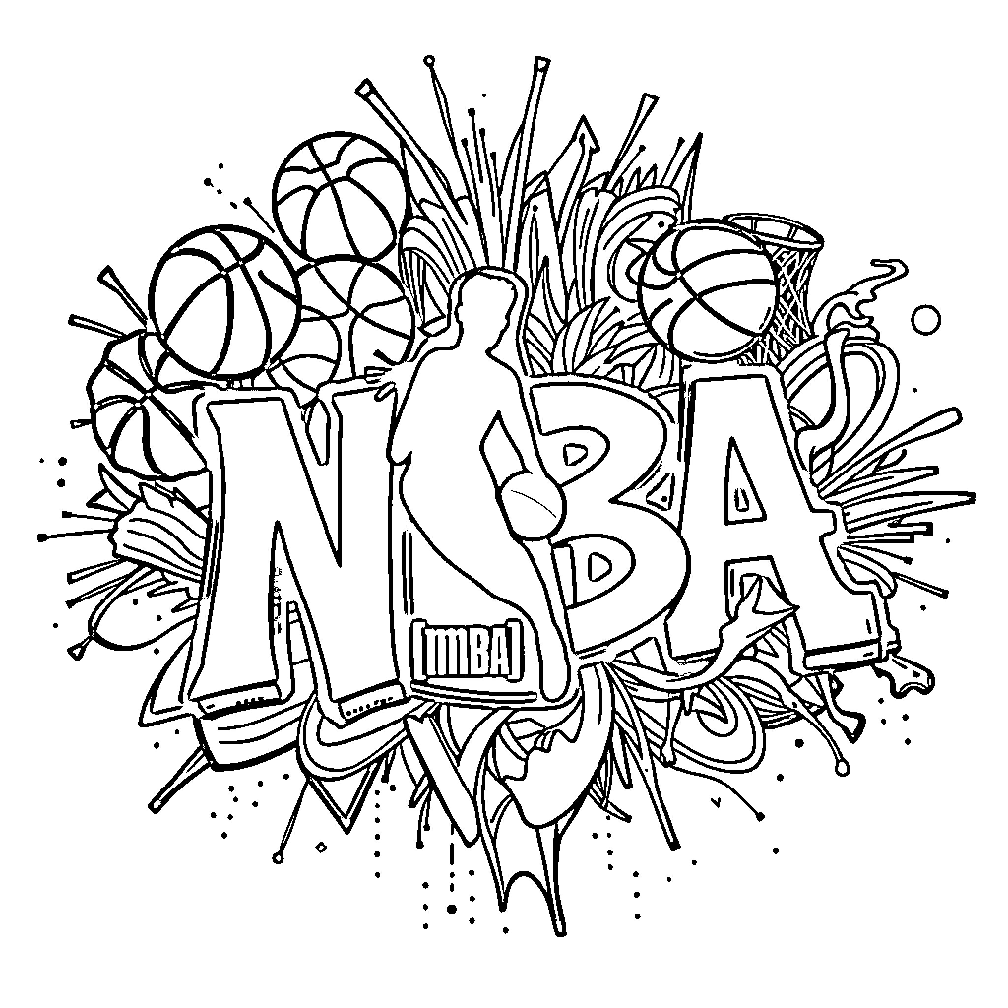 NBA-inspired Stylized Basketball Art Coloring Page (free black-and-white line drawing printable PDF for all, from beginners to advanced learners, including children, teens, adults, and seniors)