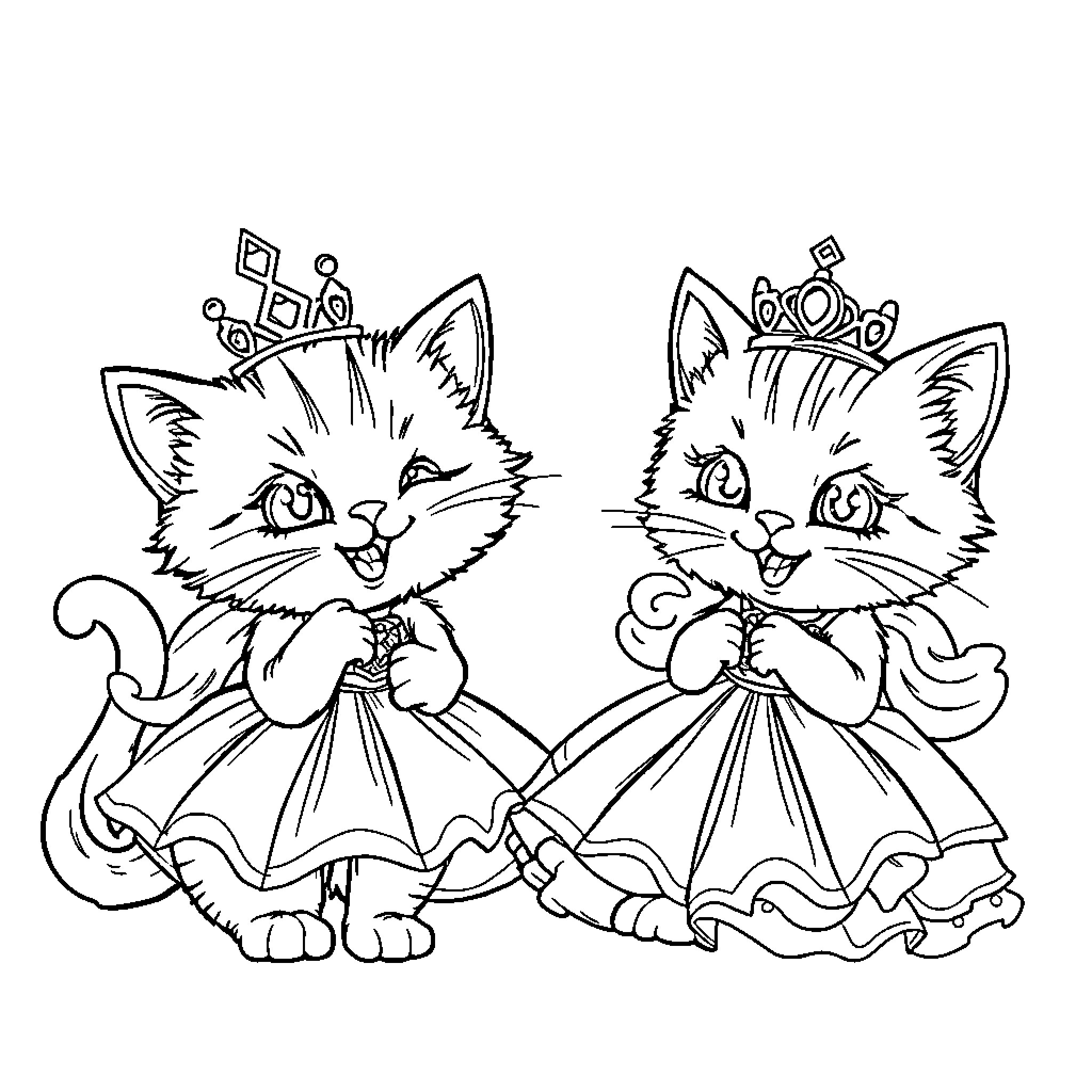 Cats wearing fancy costumes and crowns Coloring Page (free black-and-white line drawing printable PDF for all, from beginners to advanced learners, including children, teens, adults, and seniors)