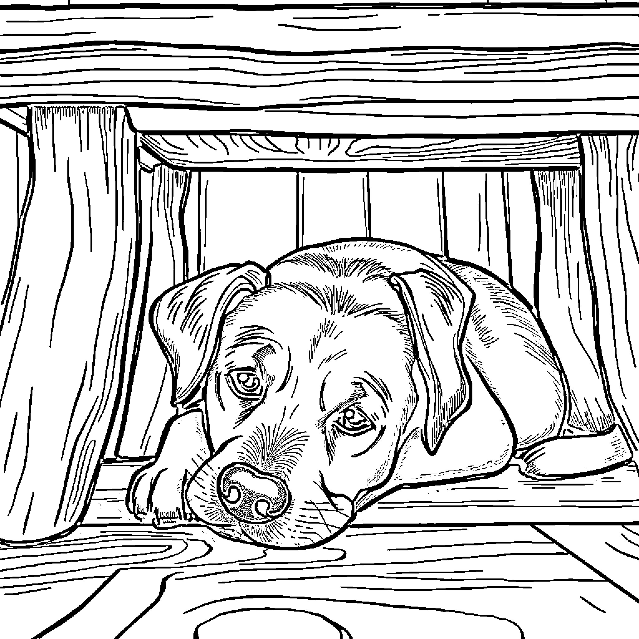 Dog relaxing in cozy home Coloring Page (free black-and-white line drawing printable PDF for all, from beginners to advanced learners, including children, teens, adults, and seniors)