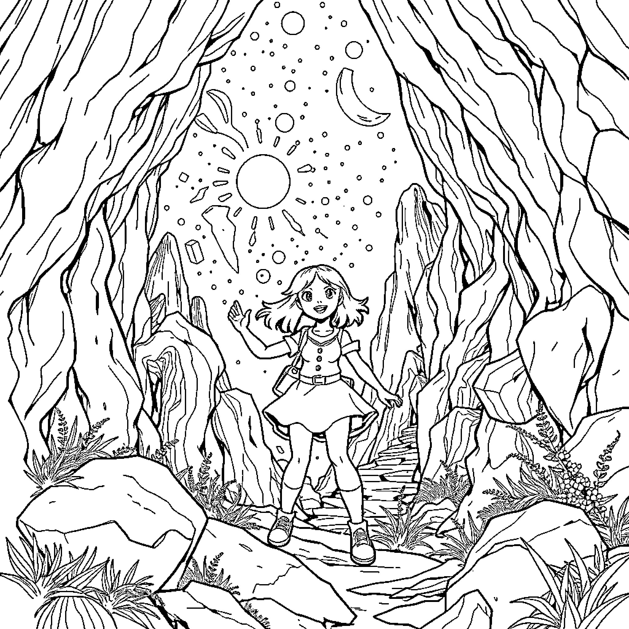 Sabrina's Whimsical Adventure in the Enchanted Forest Coloring Page (free black-and-white line drawing printable PDF for all, from beginners to advanced learners, including children, teens, adults, and seniors)