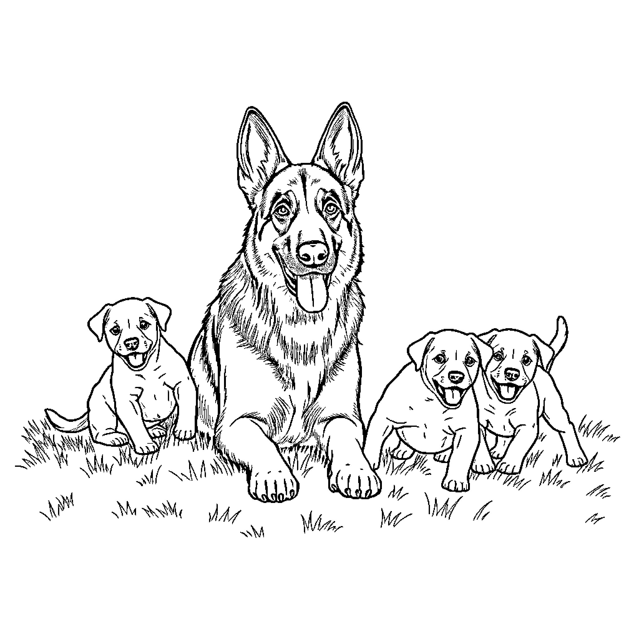 Dog and Puppies Playing Outdoors Coloring Page (free black-and-white line drawing printable PDF for all, from beginners to advanced learners, including children, teens, adults, and seniors)