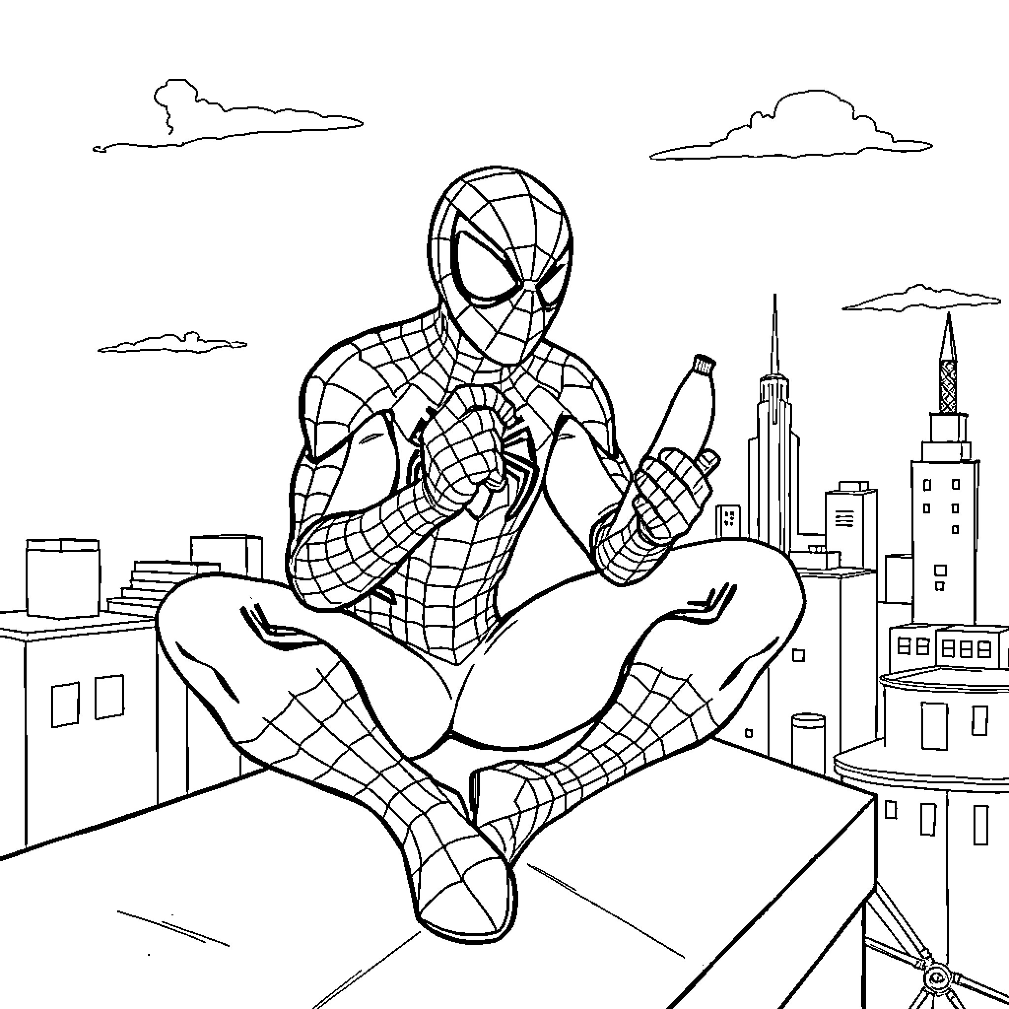 Spider-Man climbing on city skyscrapers Coloring Page (free black-and-white line drawing printable PDF for all, from beginners to advanced learners, including children, teens, adults, and seniors)