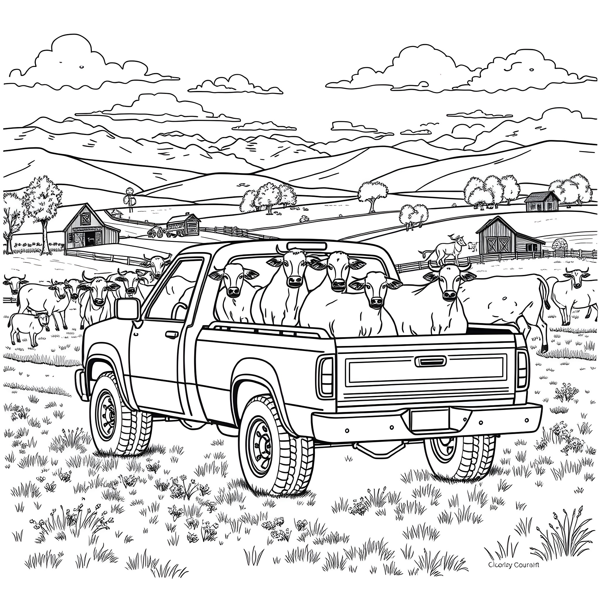 Livestock farm vehicle transporting herd in countryside Coloring Page (free black-and-white line drawing printable PDF for all, from beginners to advanced learners, including children, teens, adults, and seniors)