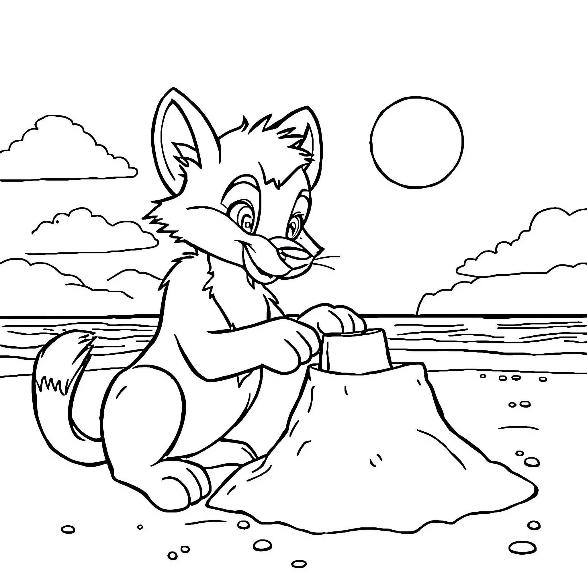 Lupe the Fox Building a Sandcastle at the Beach Coloring Page (free black-and-white line drawing printable PDF for all, from beginners to advanced learners, including children, teens, adults, and seniors)