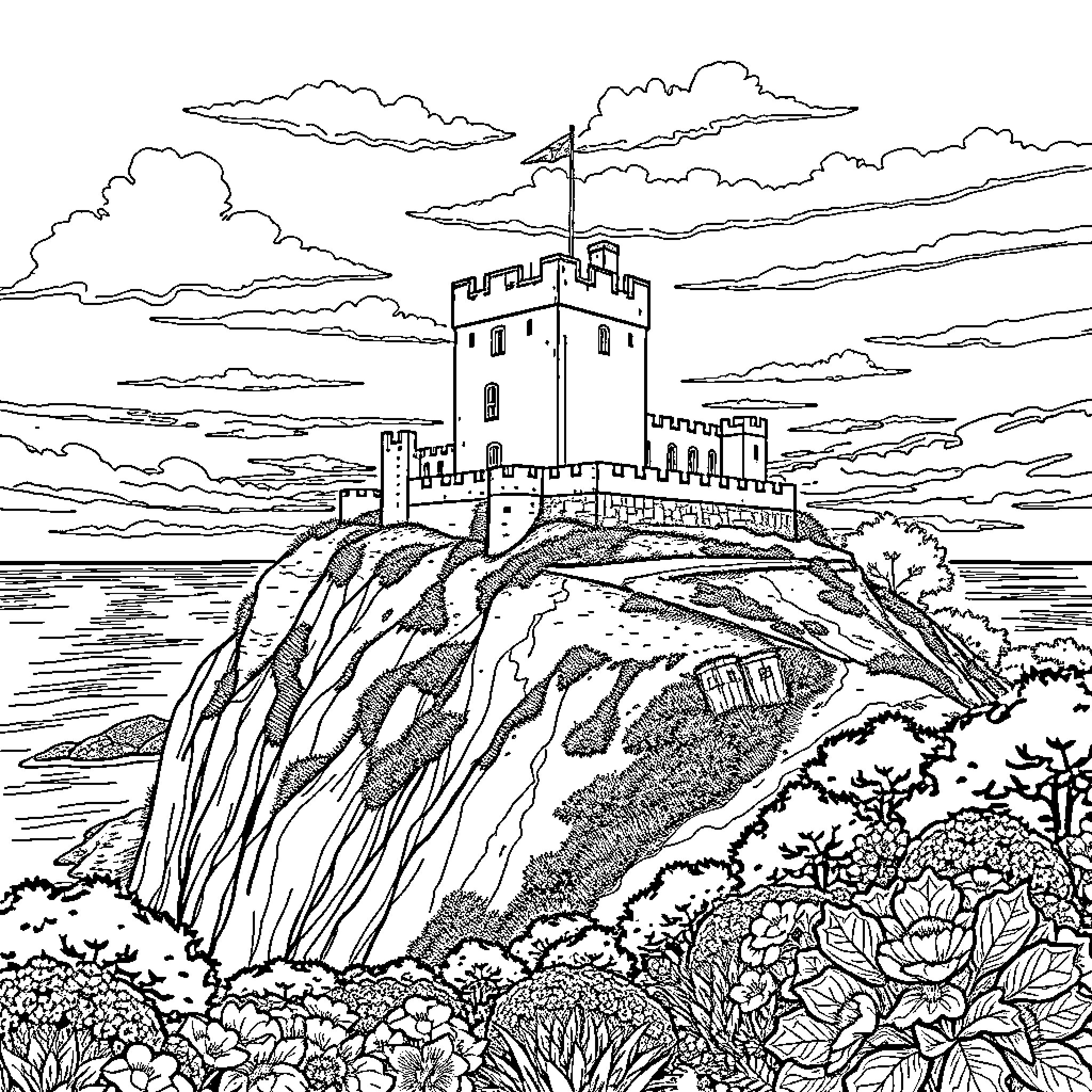 Culzean Castle on a Rugged Cliff with Scenic Landscape Coloring Page (free black-and-white line drawing printable PDF for all, from beginners to advanced learners, including children, teens, adults, and seniors)
