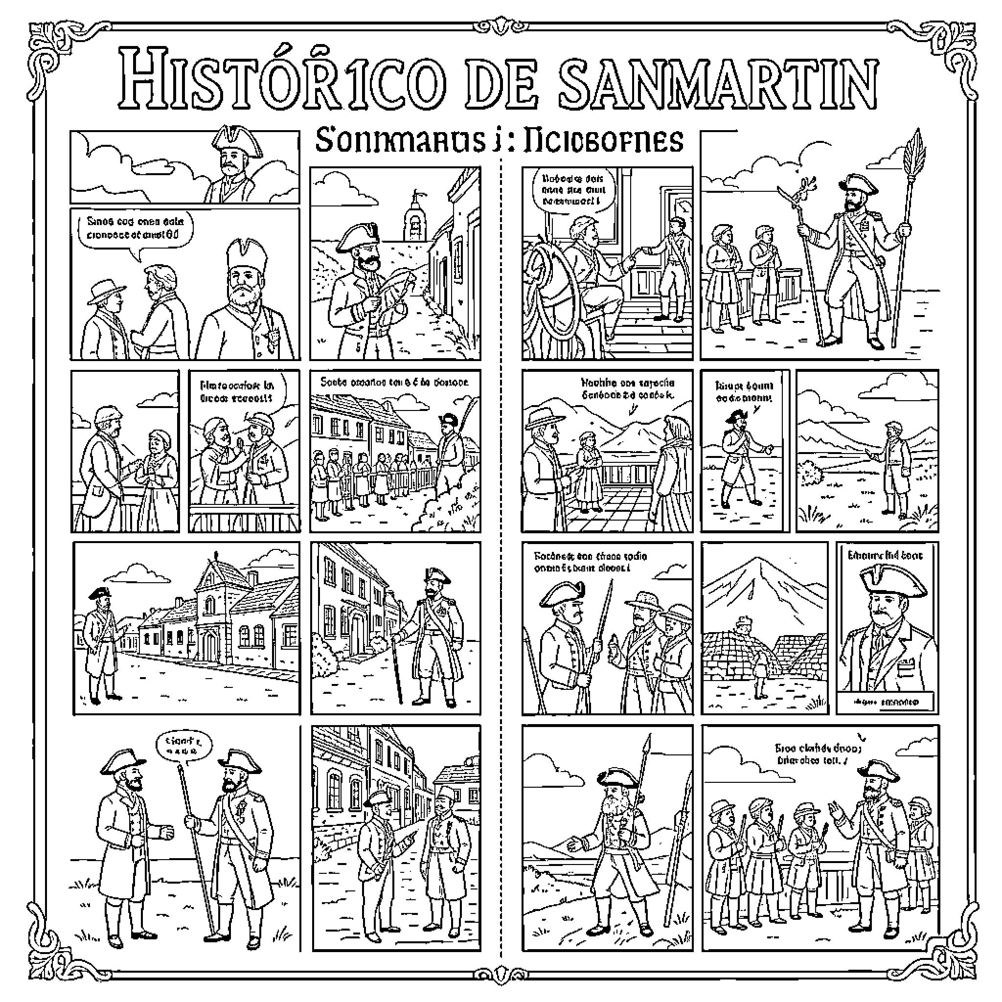 Sanmartin leading historical military scenes and interacting with people Coloring Page (free black-and-white line drawing printable PDF for all, from beginners to advanced learners, including children, teens, adults, and seniors)