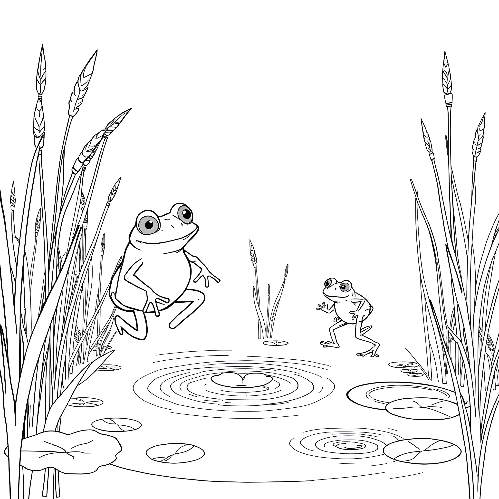 Frogs playing joyfully in the pond Coloring Page (free black-and-white line drawing printable PDF for all, from beginners to advanced learners, including children, teens, adults, and seniors)
