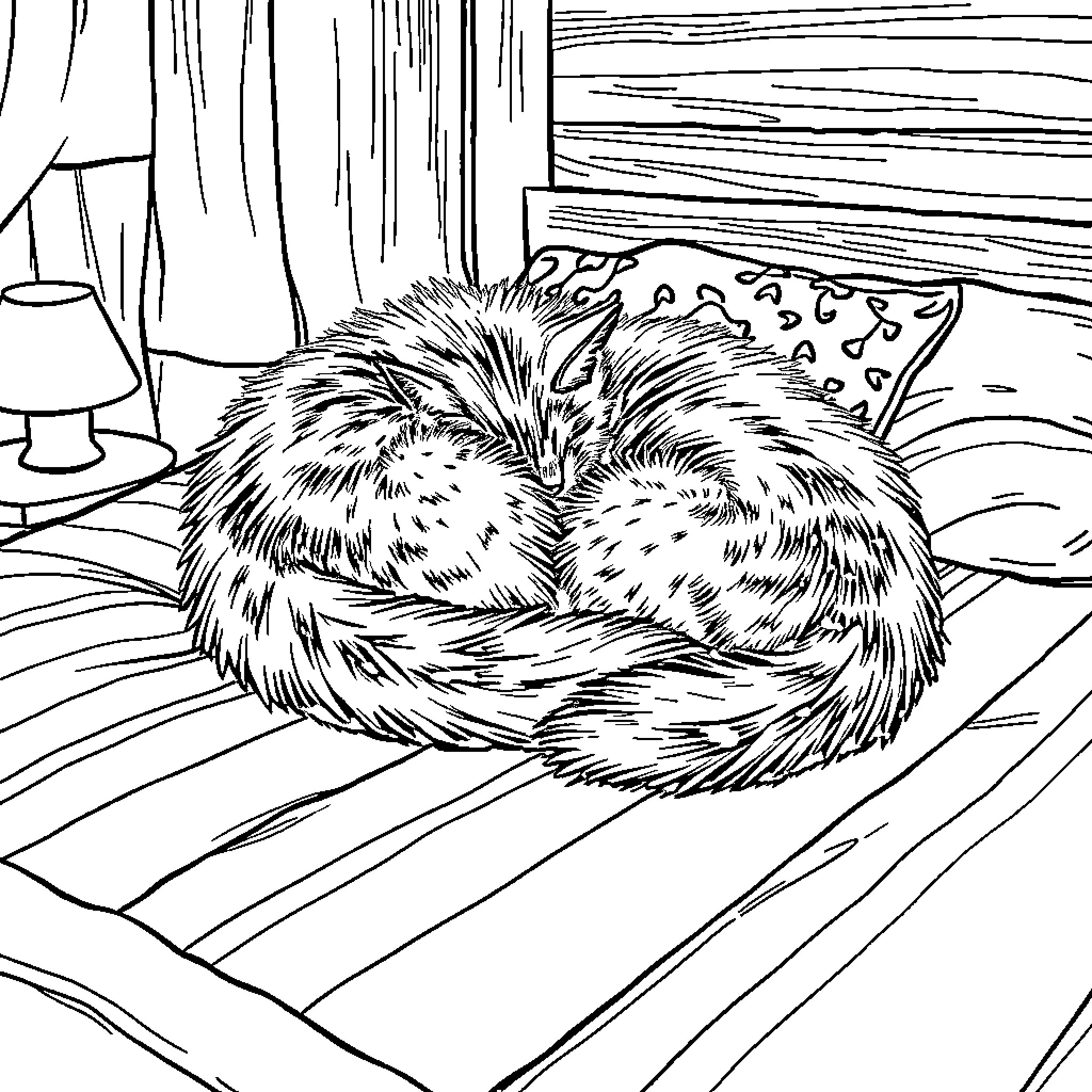Cat sleeping peacefully in cozy home Coloring Page (free black-and-white line drawing printable PDF for all, from beginners to advanced learners, including children, teens, adults, and seniors)