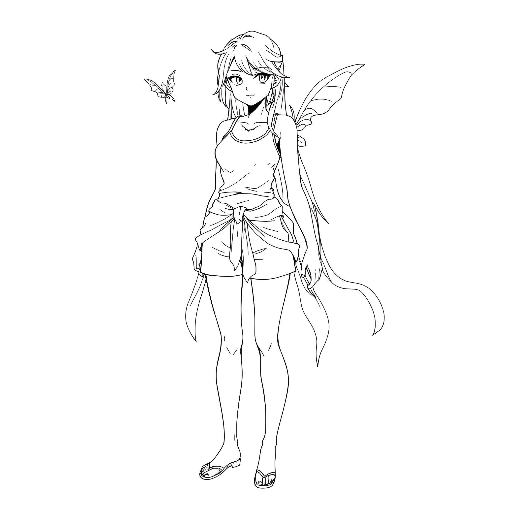 Female fairy with butterfly friend Coloring Page (free black-and-white line drawing printable PDF for all, from beginners to advanced learners, including children, teens, adults, and seniors)
