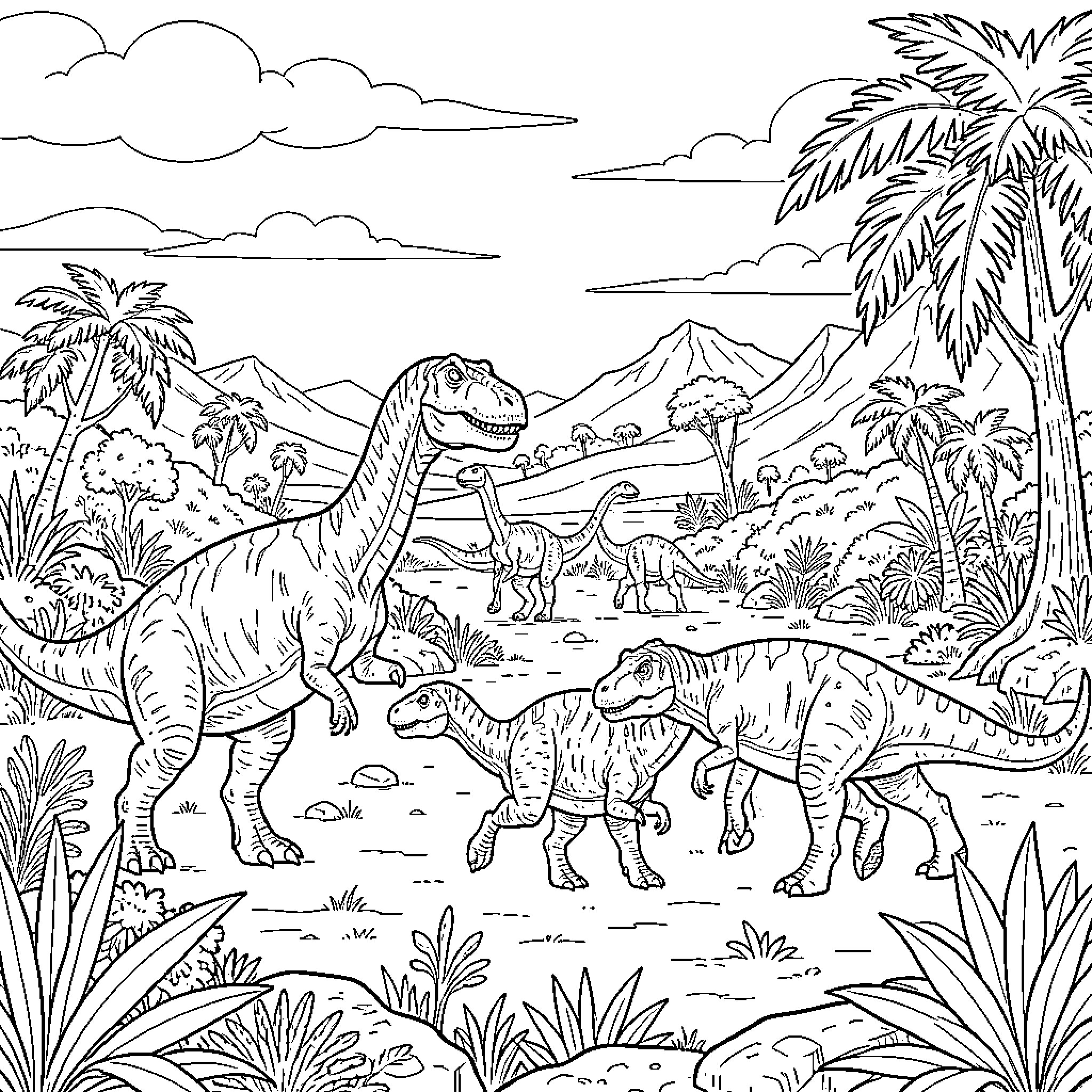 Dinosaur herd walking through a prehistoric jungle landscape Coloring Page (free black-and-white line drawing printable PDF for all, from beginners to advanced learners, including children, teens, adults, and seniors)