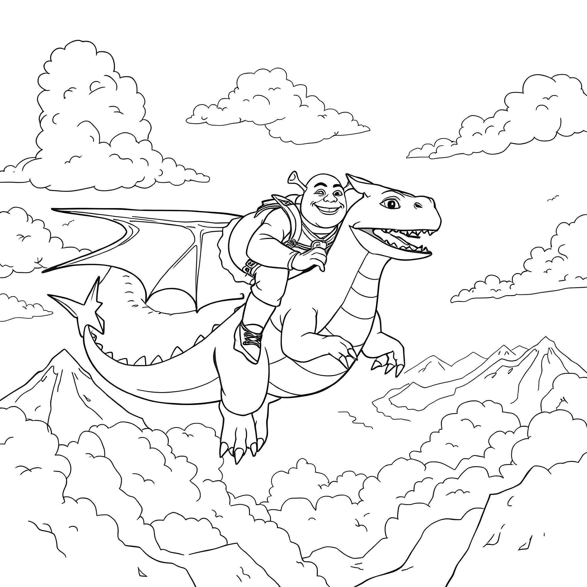 Shrek riding a dragon in the clouds Coloring Page (free black-and-white line drawing printable PDF for all, from beginners to advanced learners, including children, teens, adults, and seniors)