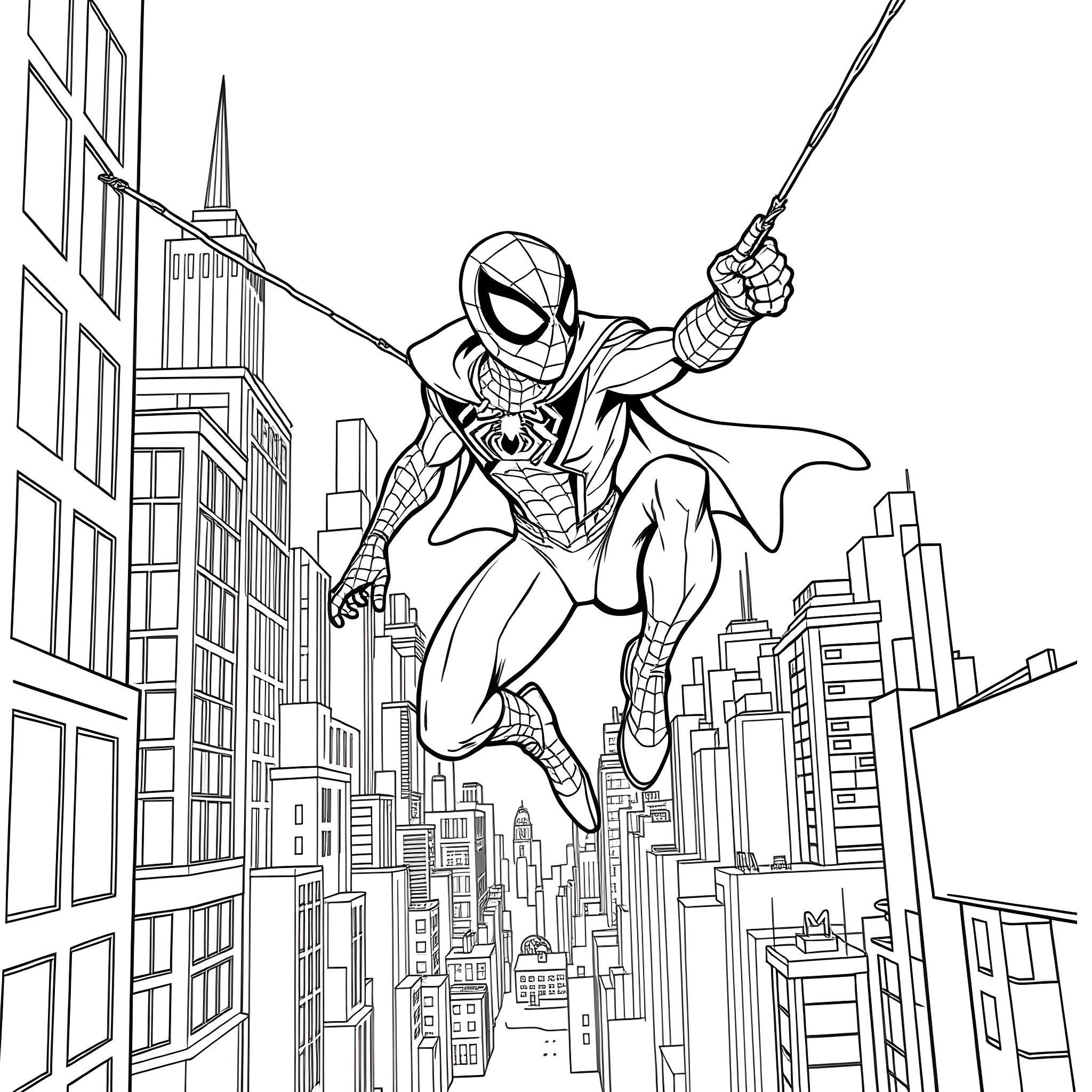 Spider-Boy Swinging Through the City Coloring Page (free black-and-white line drawing printable PDF for all, from beginners to advanced learners, including children, teens, adults, and seniors)