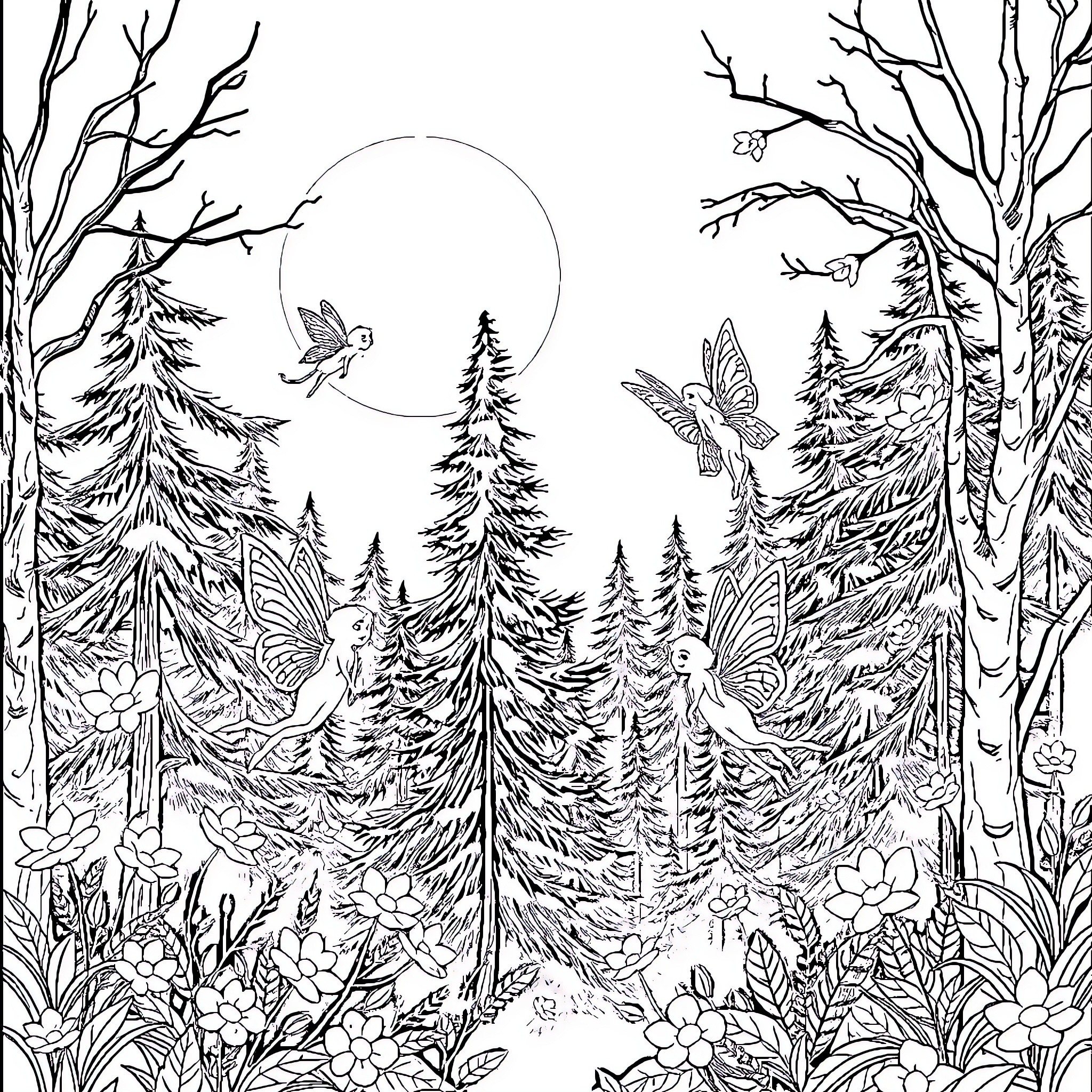 Fairy Forest with Enchanting Creatures Coloring Page (free black-and-white line drawing printable PDF for all, from beginners to advanced learners, including children, teens, adults, and seniors)