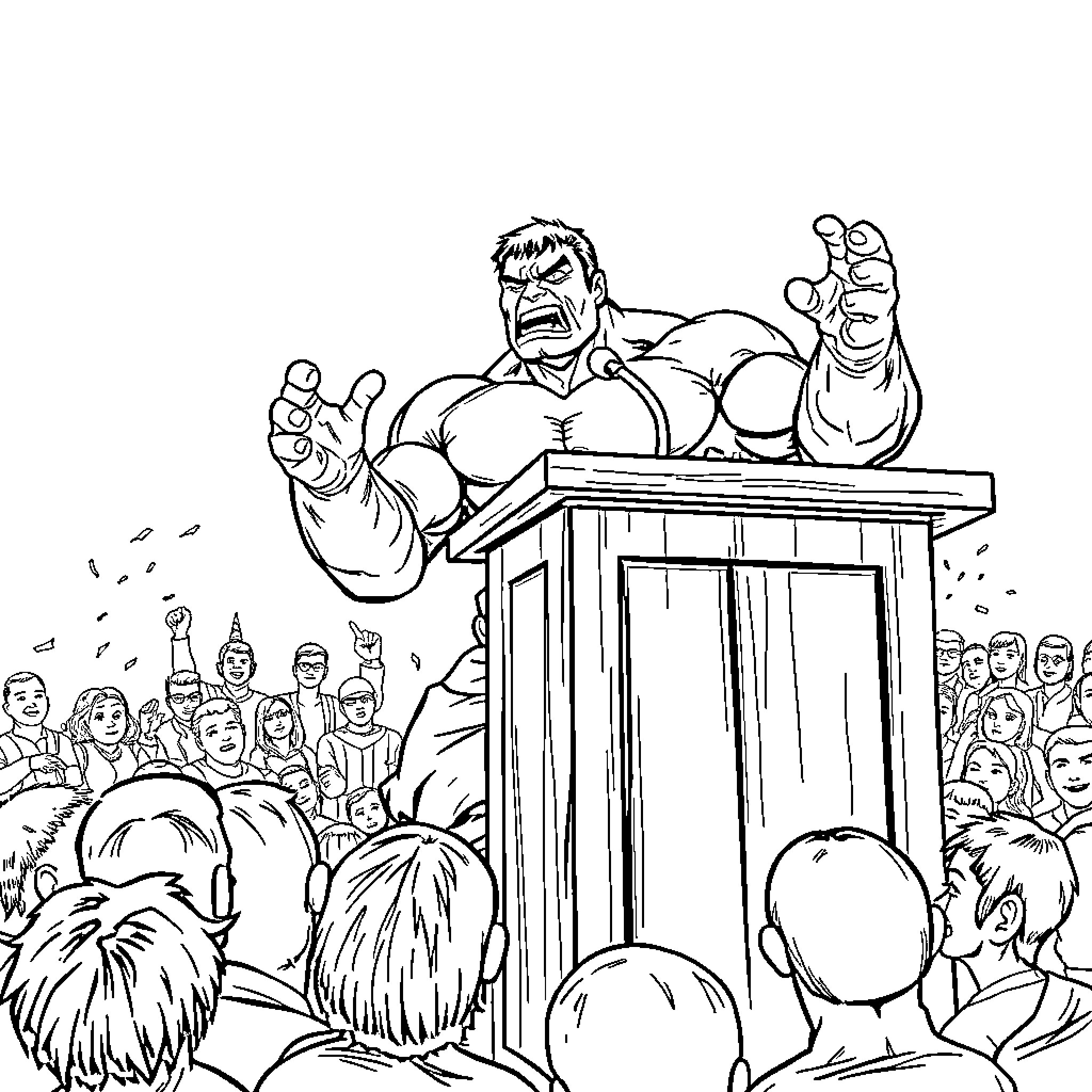 Hulk Delivering Passionate Speech to Audience Coloring Page (free black-and-white line drawing printable PDF for all, from beginners to advanced learners, including children, teens, adults, and seniors)