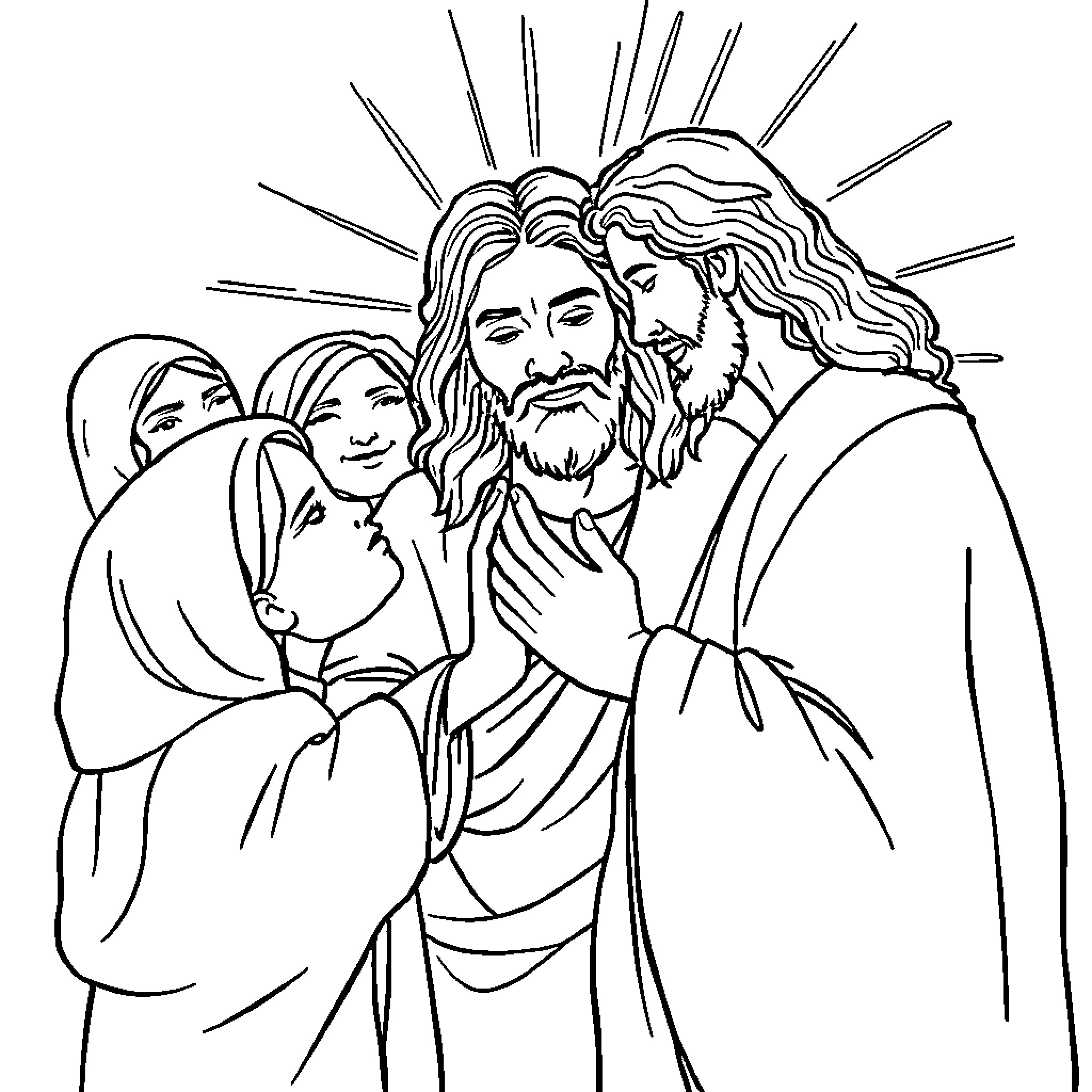 Jesus Surrounded by Followers in Robes Coloring Page (free black-and-white line drawing printable PDF for all, from beginners to advanced learners, including children, teens, adults, and seniors)