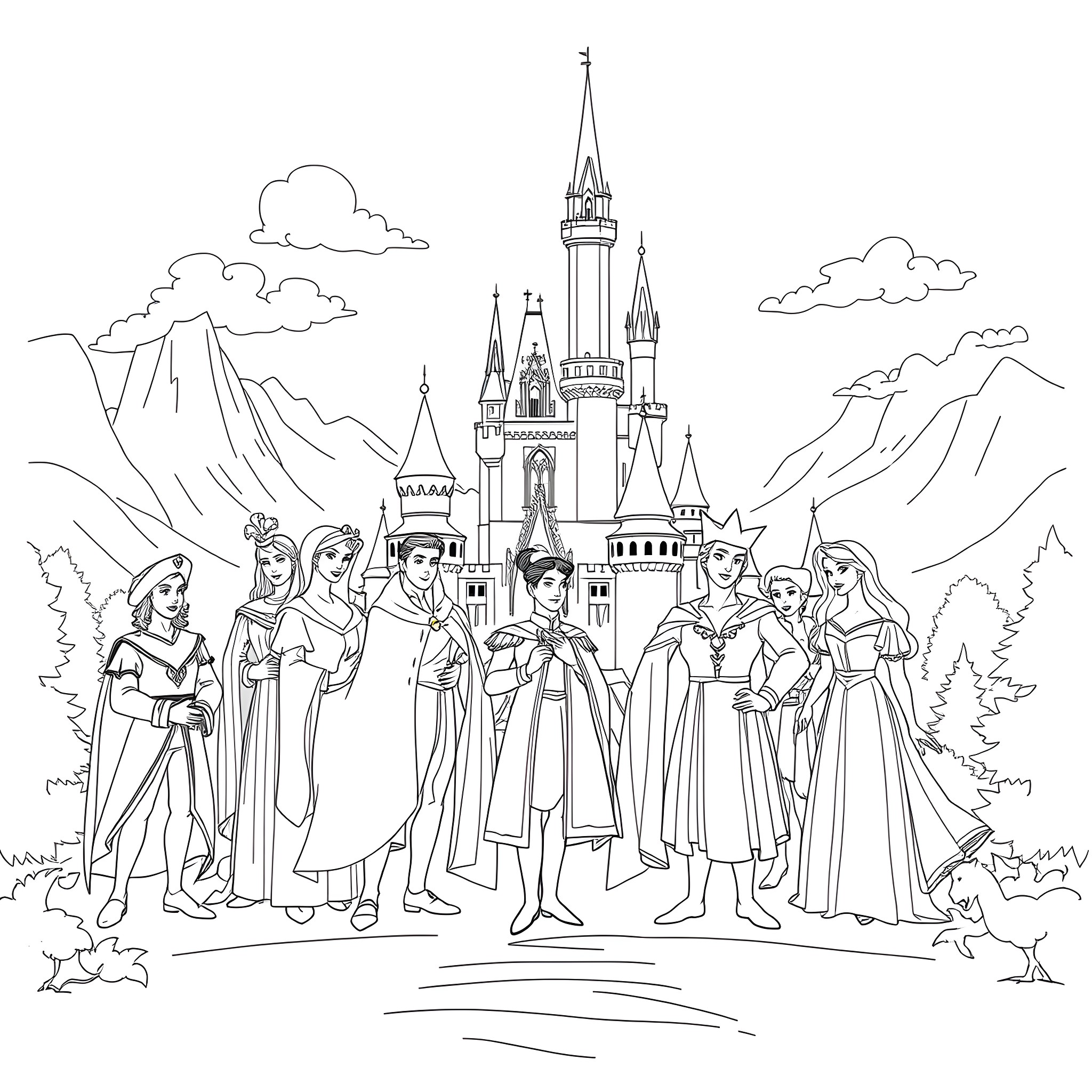 Disney Prince and Princess Gathering in Magical Castle Coloring Page (free black-and-white line drawing printable PDF for all, from beginners to advanced learners, including children, teens, adults, and seniors)