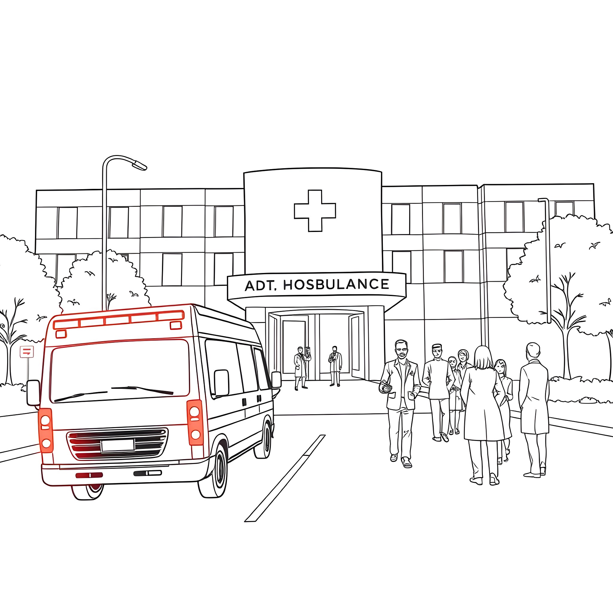 Ambulance arriving at hospital with people waiting Coloring Page (free black-and-white line drawing printable PDF for all, from beginners to advanced learners, including children, teens, adults, and seniors)
