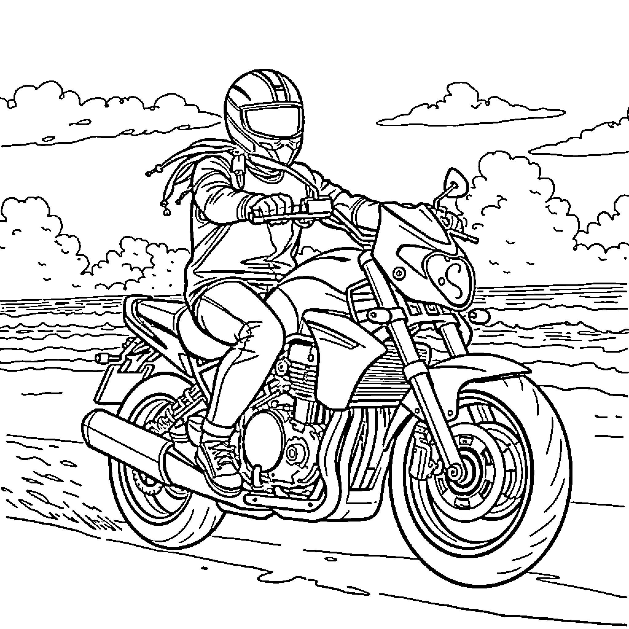 Motorcycle rider speeding through the countryside Coloring Page (free black-and-white line drawing printable PDF for all, from beginners to advanced learners, including children, teens, adults, and seniors)