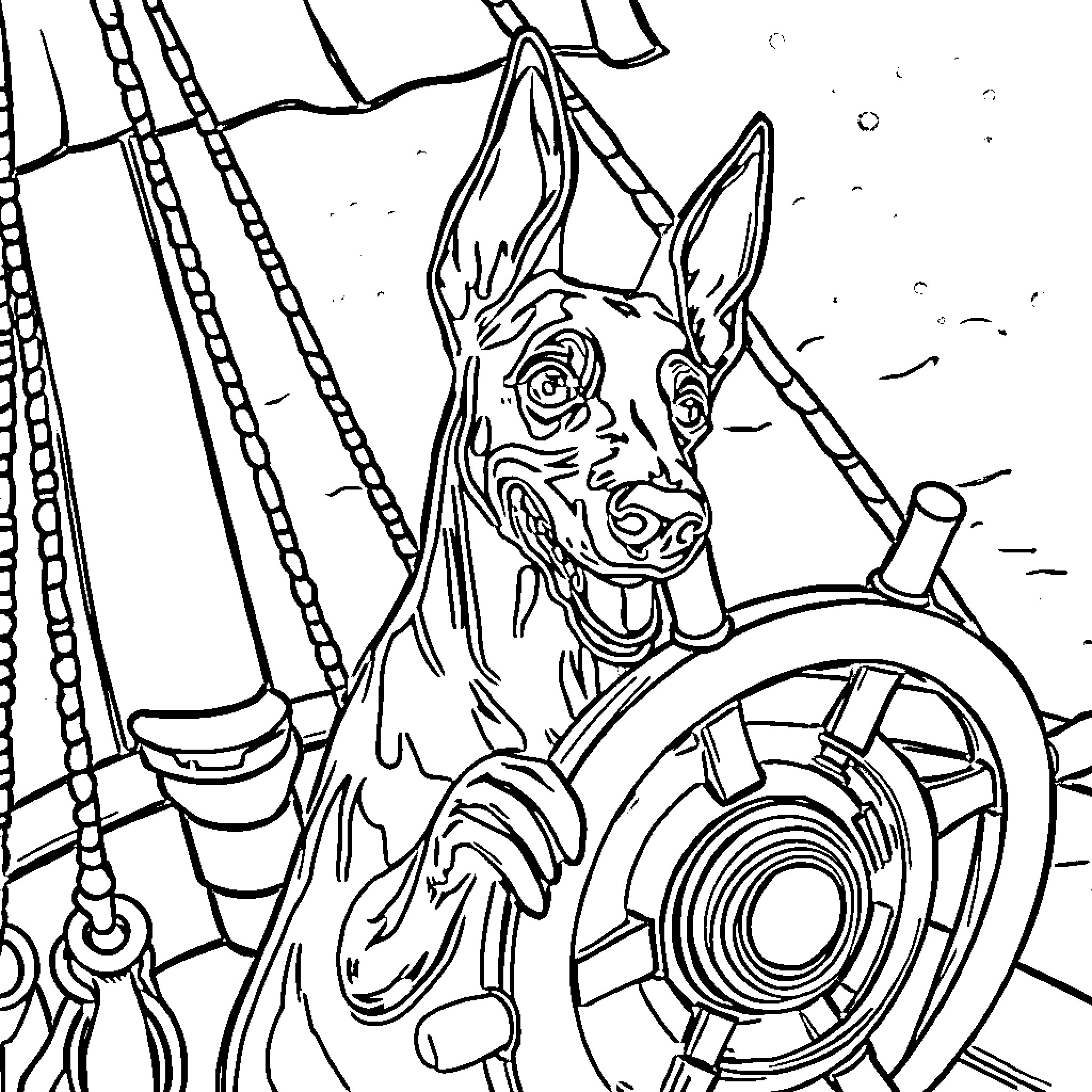 Dobermann Steering a Ship on the High Seas Coloring Page (free black-and-white line drawing printable PDF for all, from beginners to advanced learners, including children, teens, adults, and seniors)