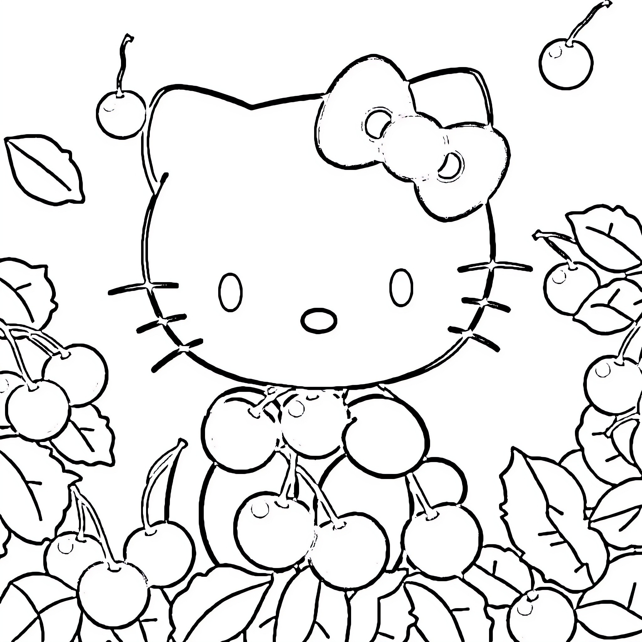 Hello Kitty surrounded by fruits and flowers Coloring Page (free black-and-white line drawing printable PDF for all, from beginners to advanced learners, including children, teens, adults, and seniors)