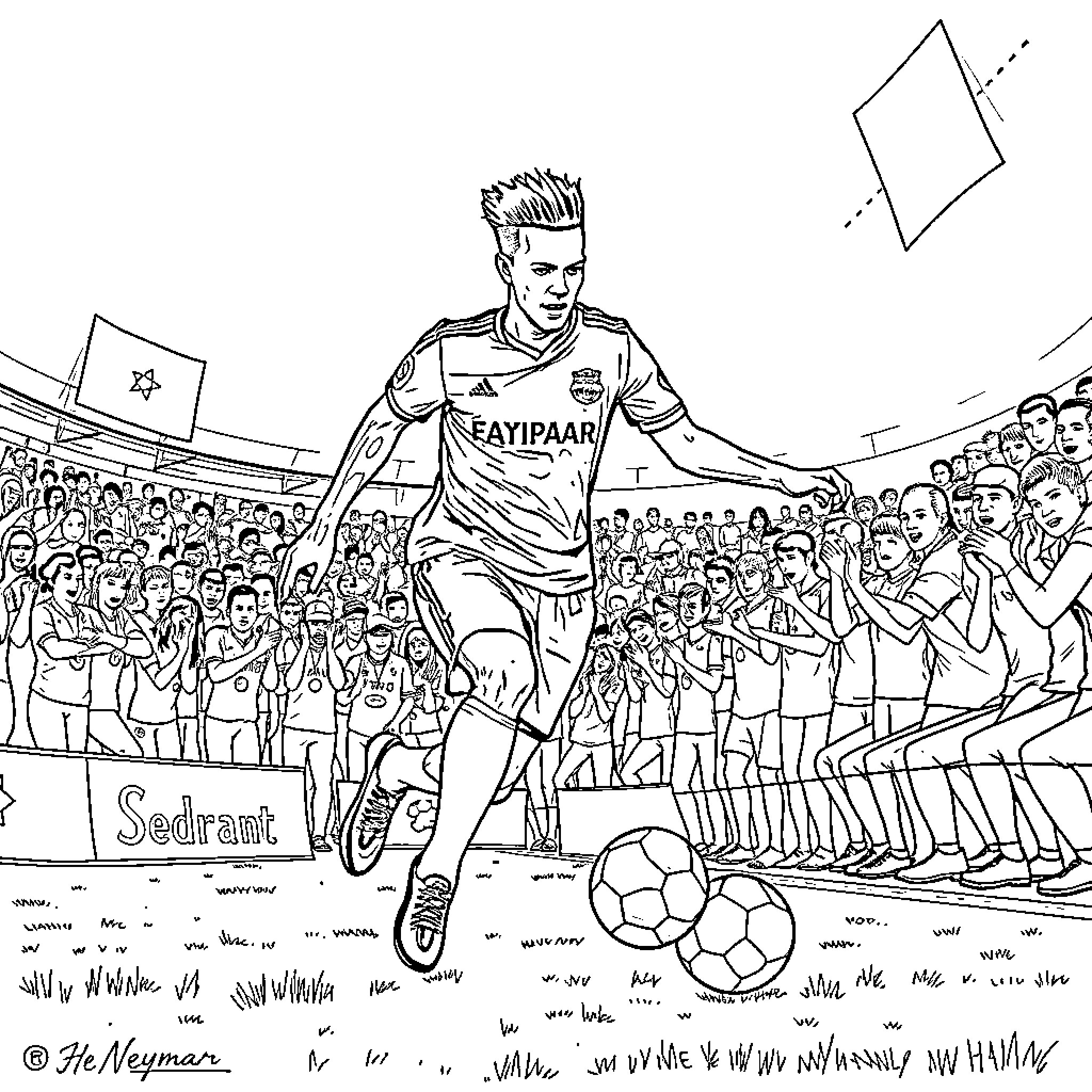 Neymar celebrating on the soccer field with fans Coloring Page (free black-and-white line drawing printable PDF for all, from beginners to advanced learners, including children, teens, adults, and seniors)