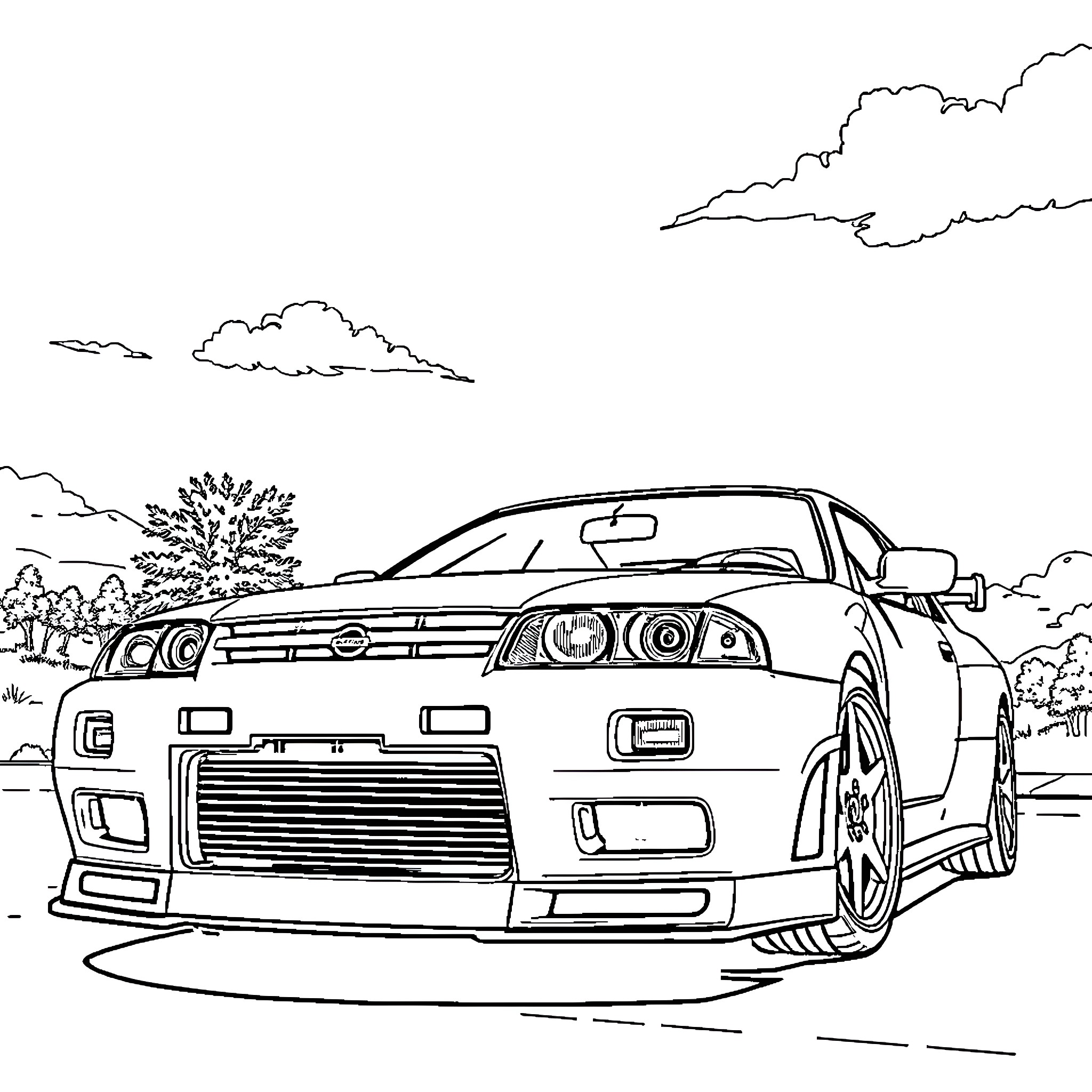 Nissan sports car speeding through scenic landscape Coloring Page (free black-and-white line drawing printable PDF for all, from beginners to advanced learners, including children, teens, adults, and seniors)