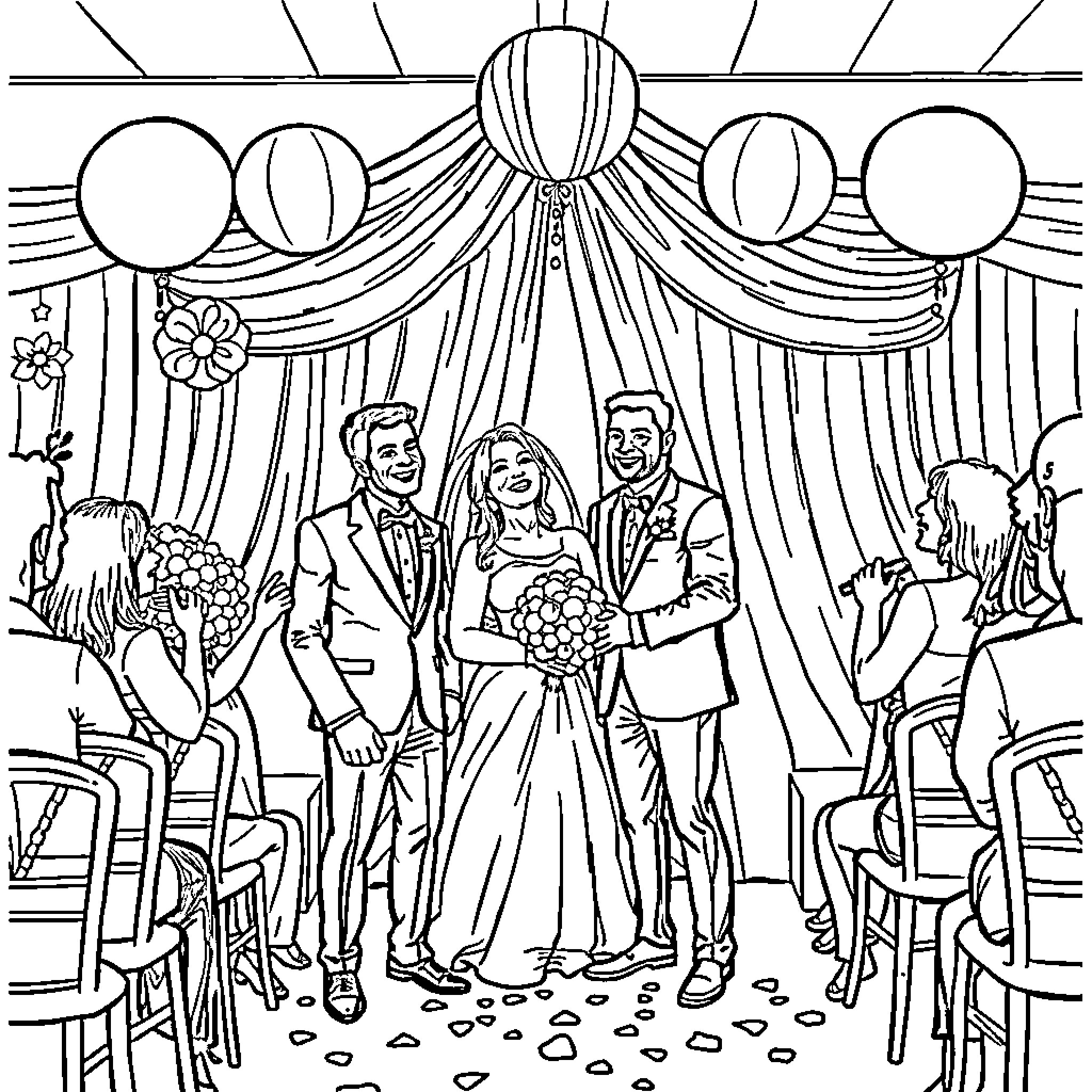 Wedding Celebration with Joyful Couple and Guests Coloring Page (free black-and-white line drawing printable PDF for all, from beginners to advanced learners, including children, teens, adults, and seniors)