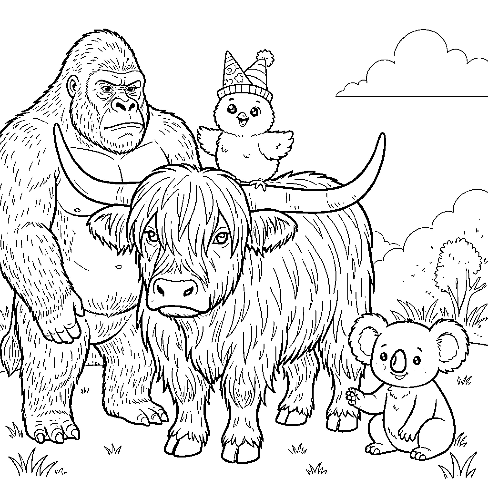Chick and friends in the wild Coloring Page (free black-and-white line drawing printable PDF for all, from beginners to advanced learners, including children, teens, adults, and seniors)