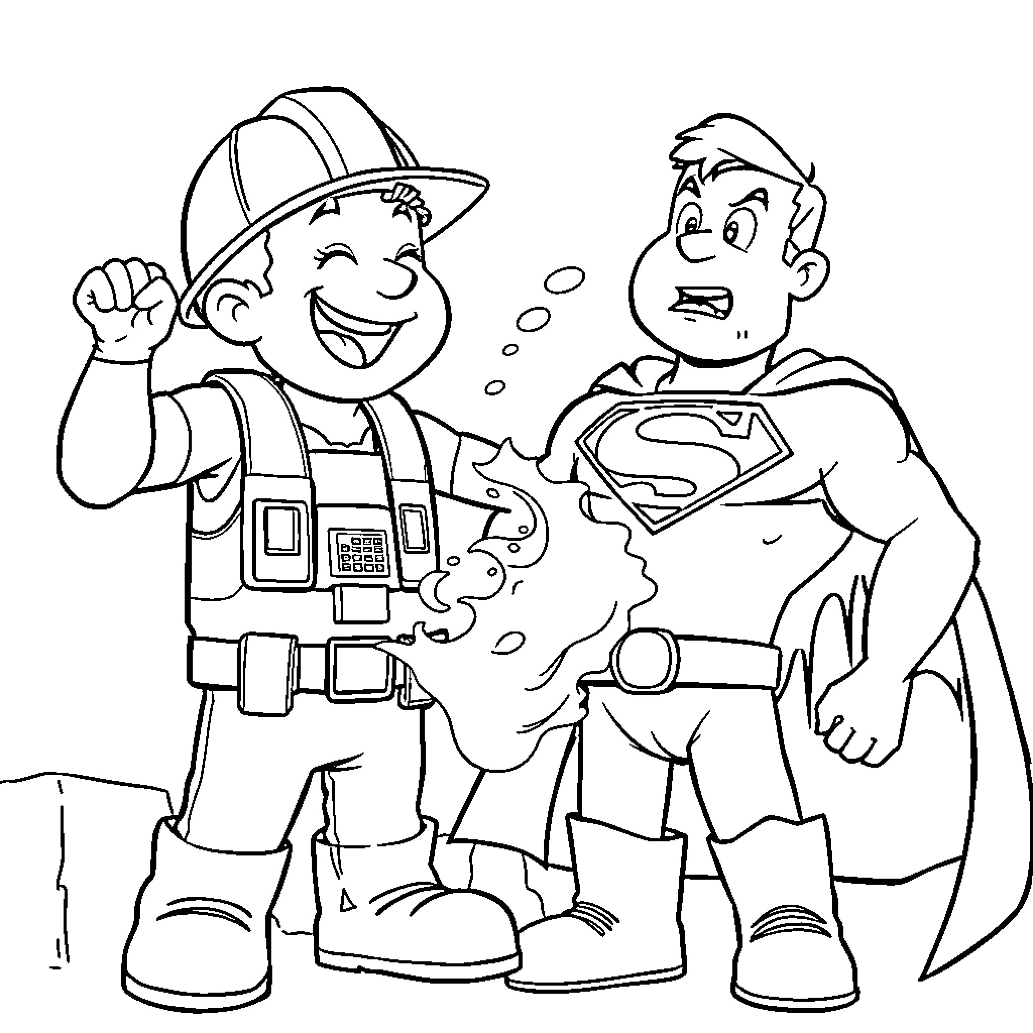 Bob the Builder and Super-Powered Worker Collaborate Coloring Page (free black-and-white line drawing printable PDF for all, from beginners to advanced learners, including children, teens, adults, and seniors)