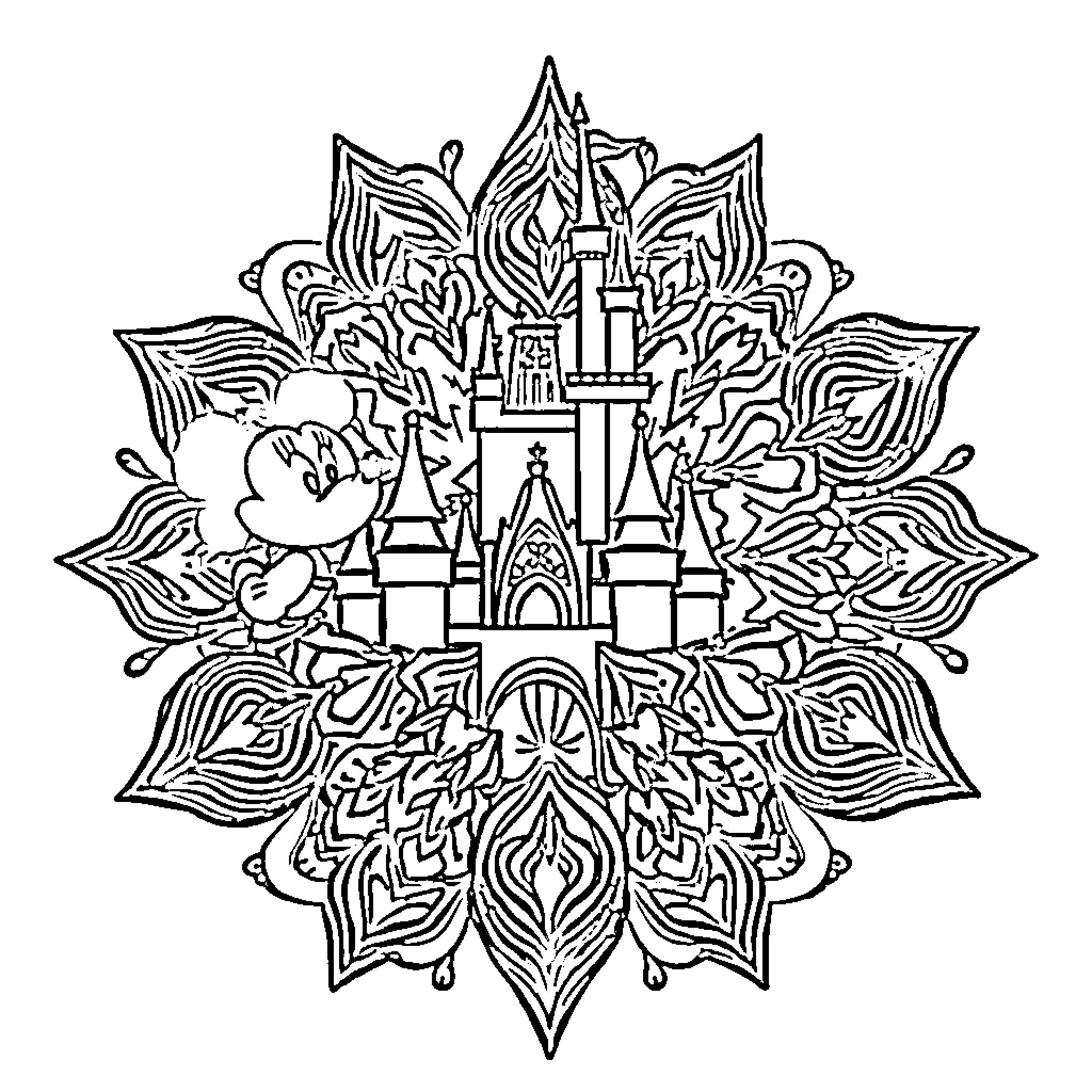 Mandala with Disney Castle and Floral Elements Coloring Page (free black-and-white line drawing printable PDF for all, from beginners to advanced learners, including children, teens, adults, and seniors)