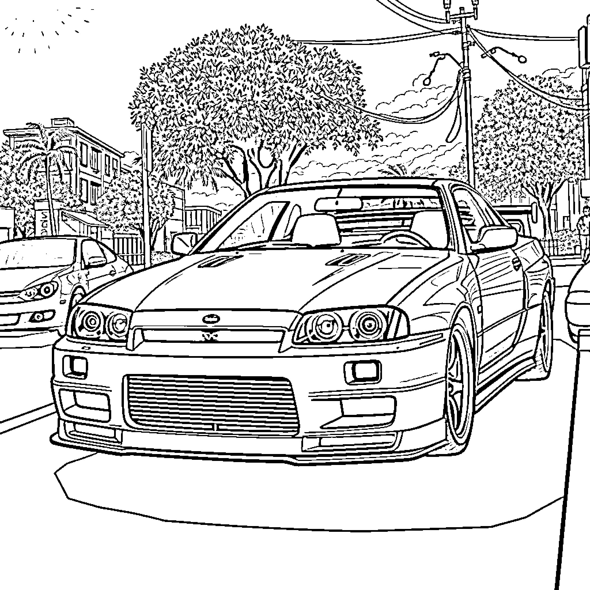 Nissan sports car on city street with trees Coloring Page (free black-and-white line drawing printable PDF for all, from beginners to advanced learners, including children, teens, adults, and seniors)