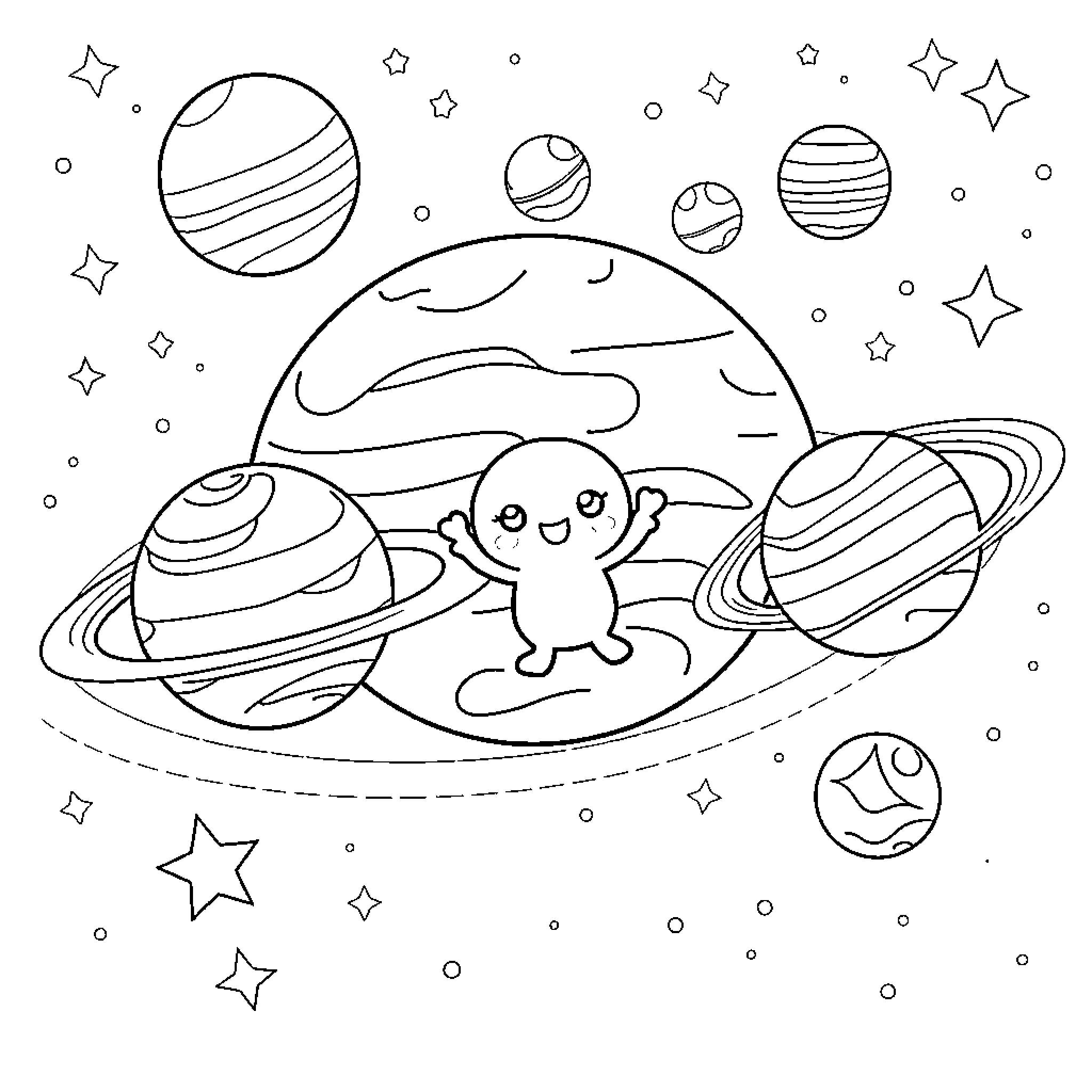 Planet Filled with Adorable Creatures in Space Coloring Page (free black-and-white line drawing printable PDF for all, from beginners to advanced learners, including children, teens, adults, and seniors)