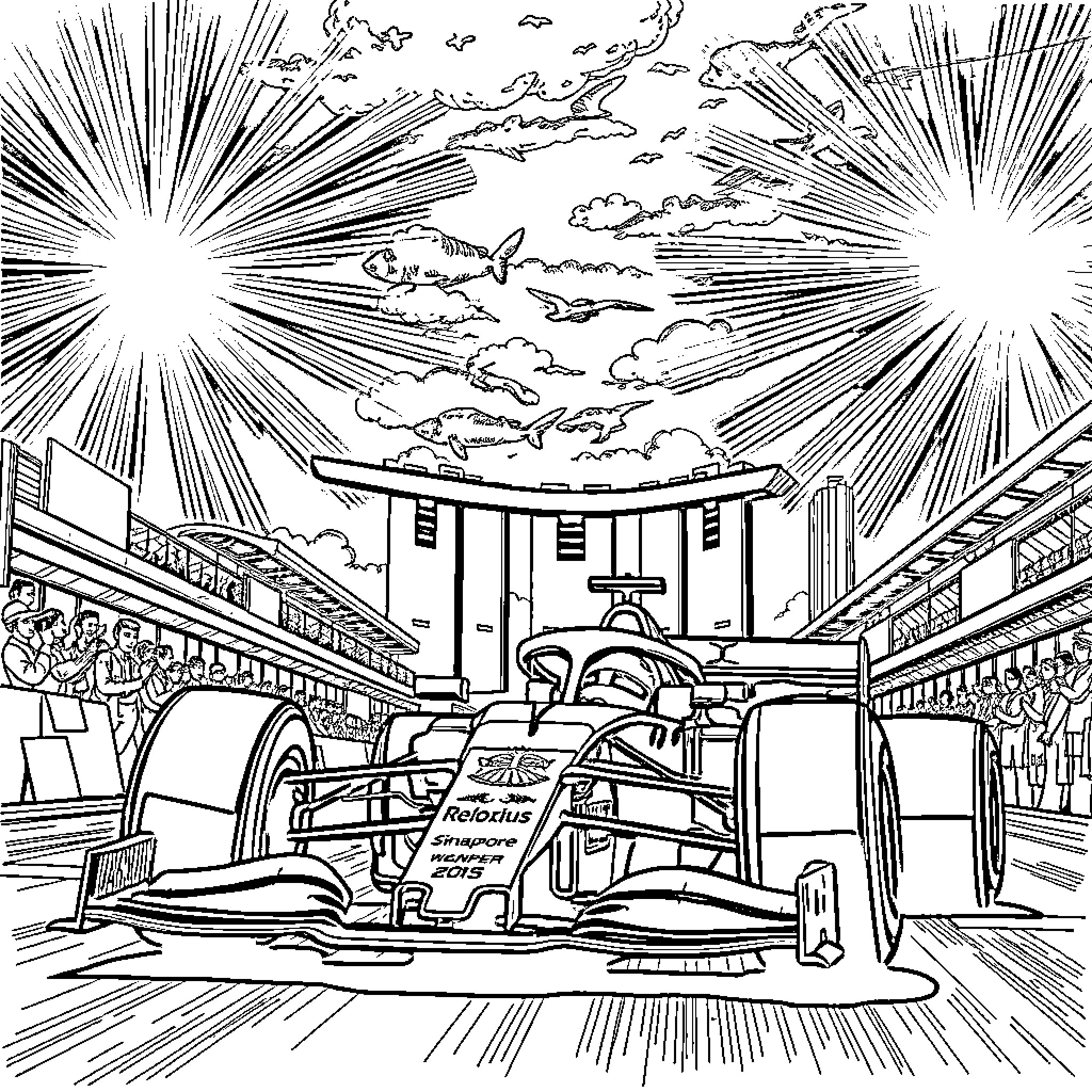 Carlos Sainz racing through a Formula 1 pit stop Coloring Page (free black-and-white line drawing printable PDF for all, from beginners to advanced learners, including children, teens, adults, and seniors)