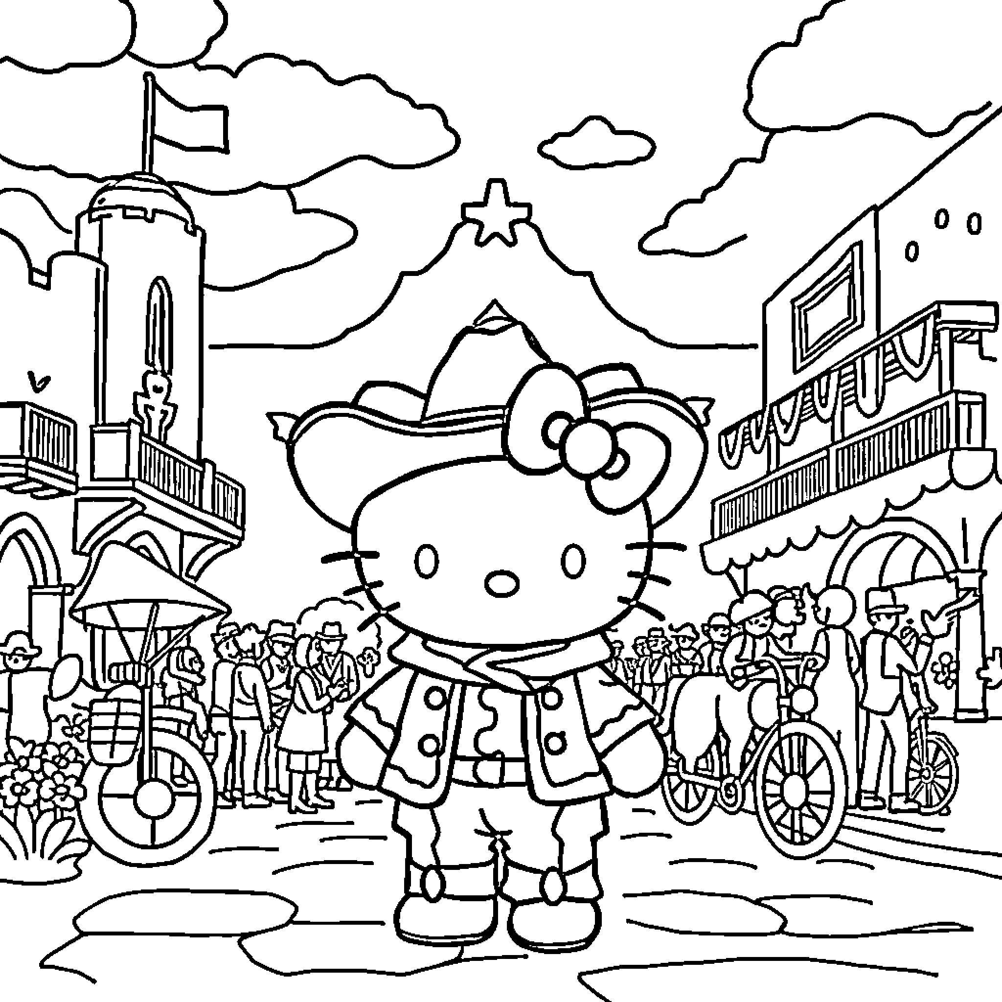 Hello Kitty visits a lively city scene Coloring Page (free black-and-white line drawing printable PDF for all, from beginners to advanced learners, including children, teens, adults, and seniors)