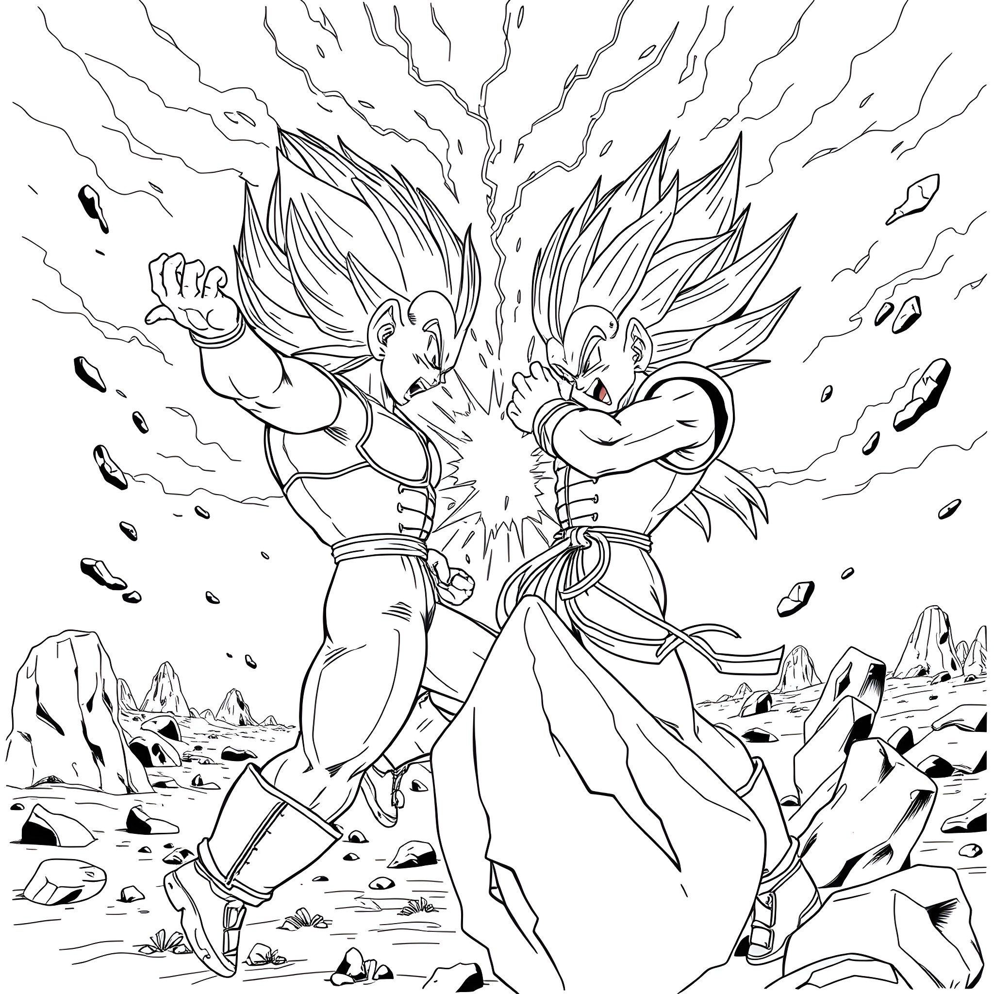 Vegeta and Goku in an Intense Battle Coloring Page (free black-and-white line drawing printable PDF for all, from beginners to advanced learners, including children, teens, adults, and seniors)