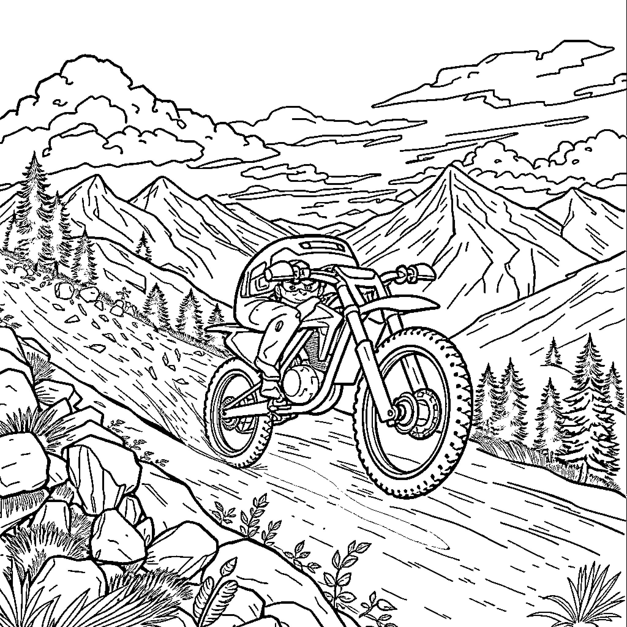 Lightning McQueen racing through the mountainous terrain Coloring Page (free black-and-white line drawing printable PDF for all, from beginners to advanced learners, including children, teens, adults, and seniors)