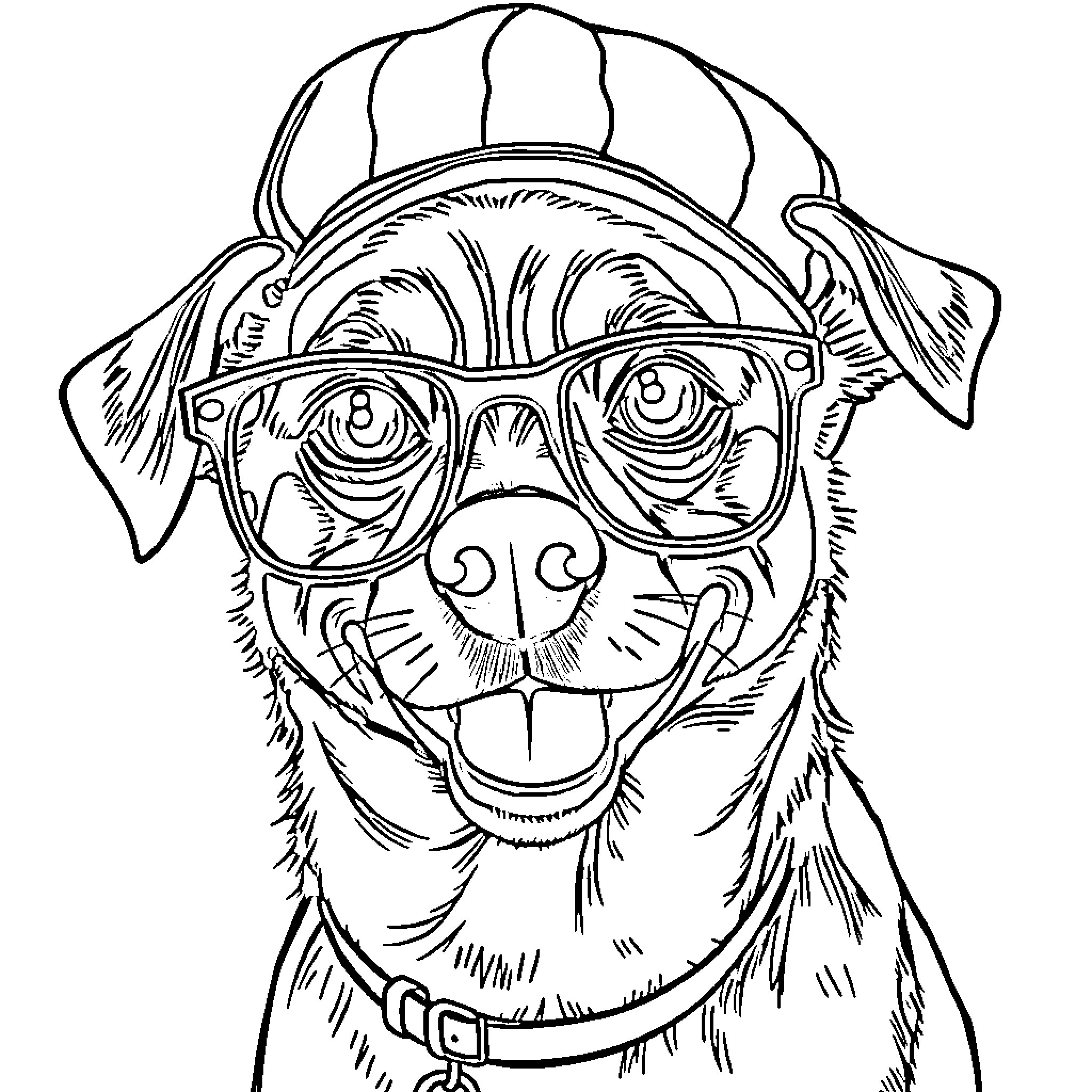 Dog wearing glasses and construction helmet Coloring Page (free black-and-white line drawing printable PDF for all, from beginners to advanced learners, including children, teens, adults, and seniors)