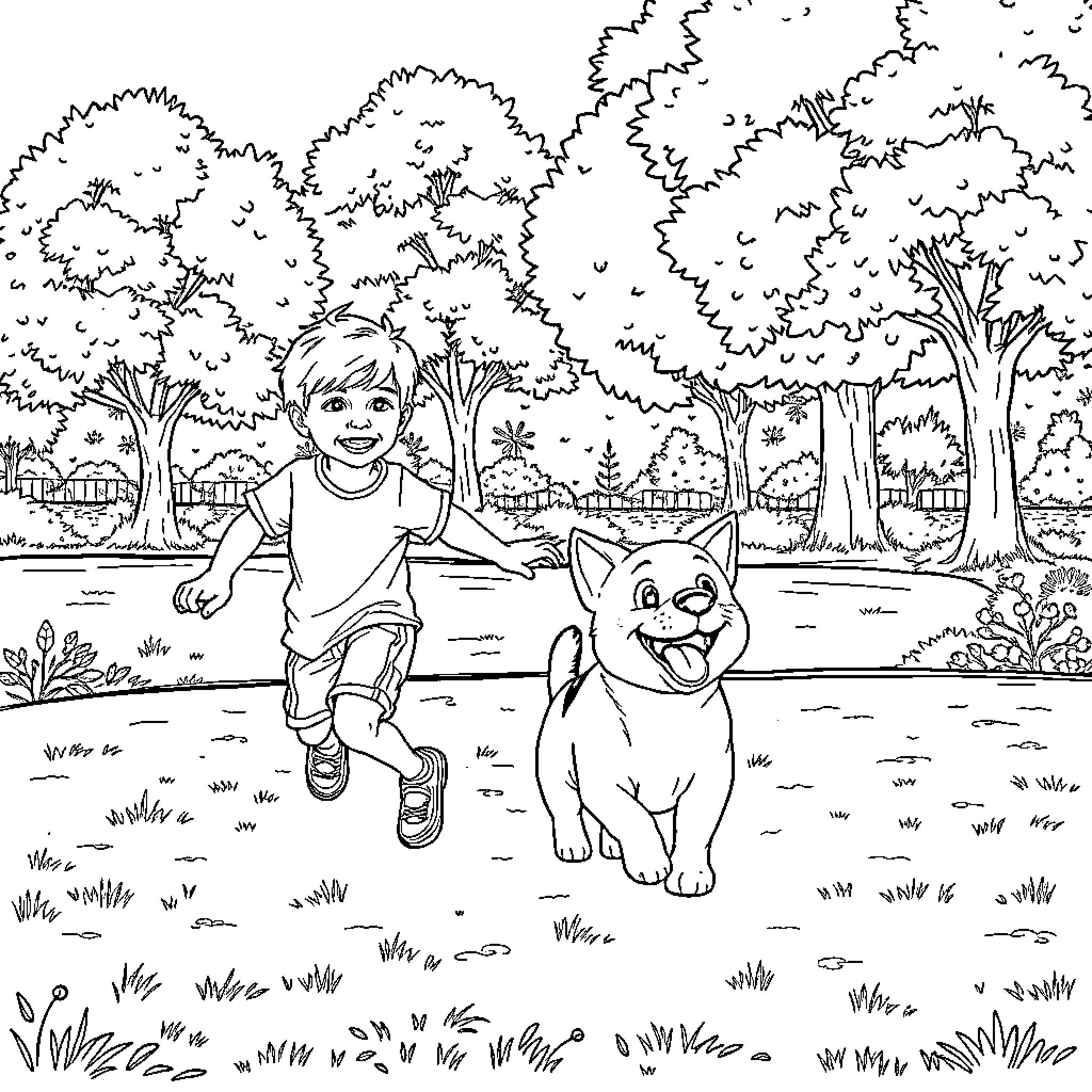 Child playing happily with pet in outdoor park Coloring Page (free black-and-white line drawing printable PDF for all, from beginners to advanced learners, including children, teens, adults, and seniors)