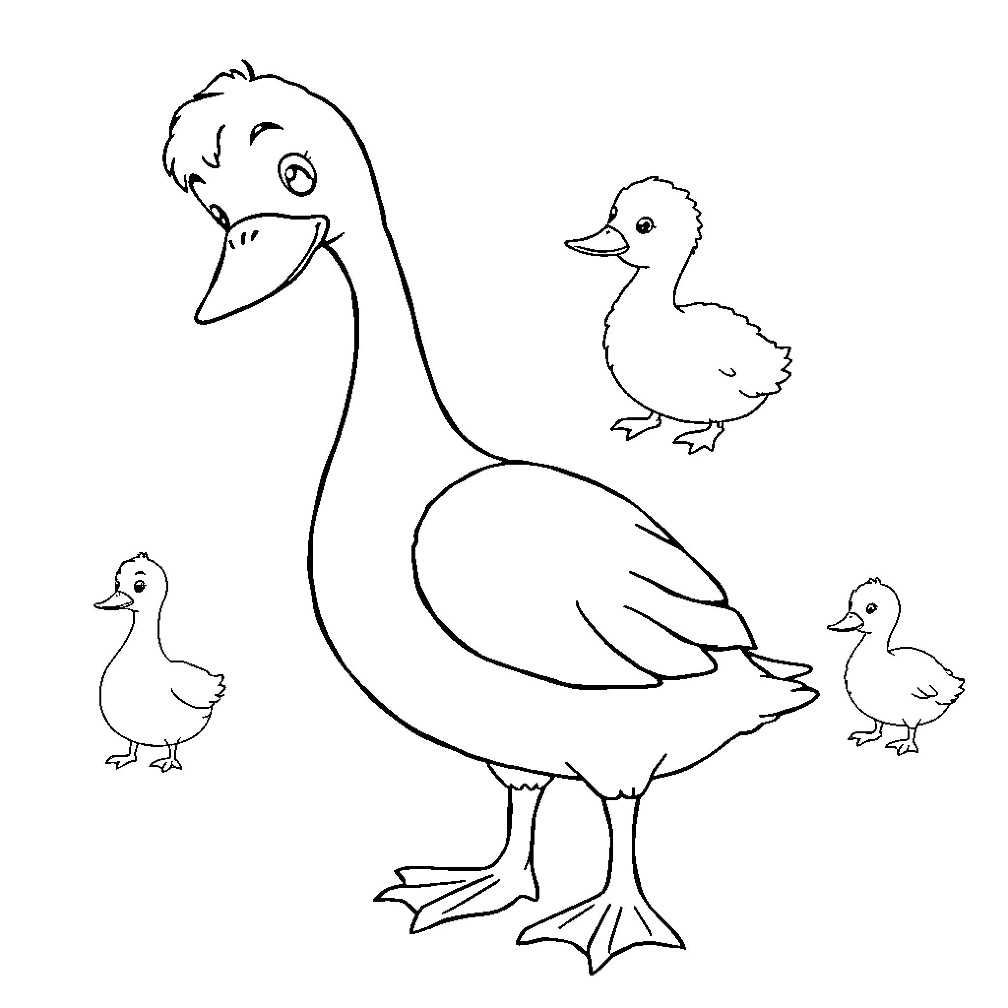 Mother Goose and her Goslings Coloring Page (free black-and-white line drawing printable PDF for all, from beginners to advanced learners, including children, teens, adults, and seniors)