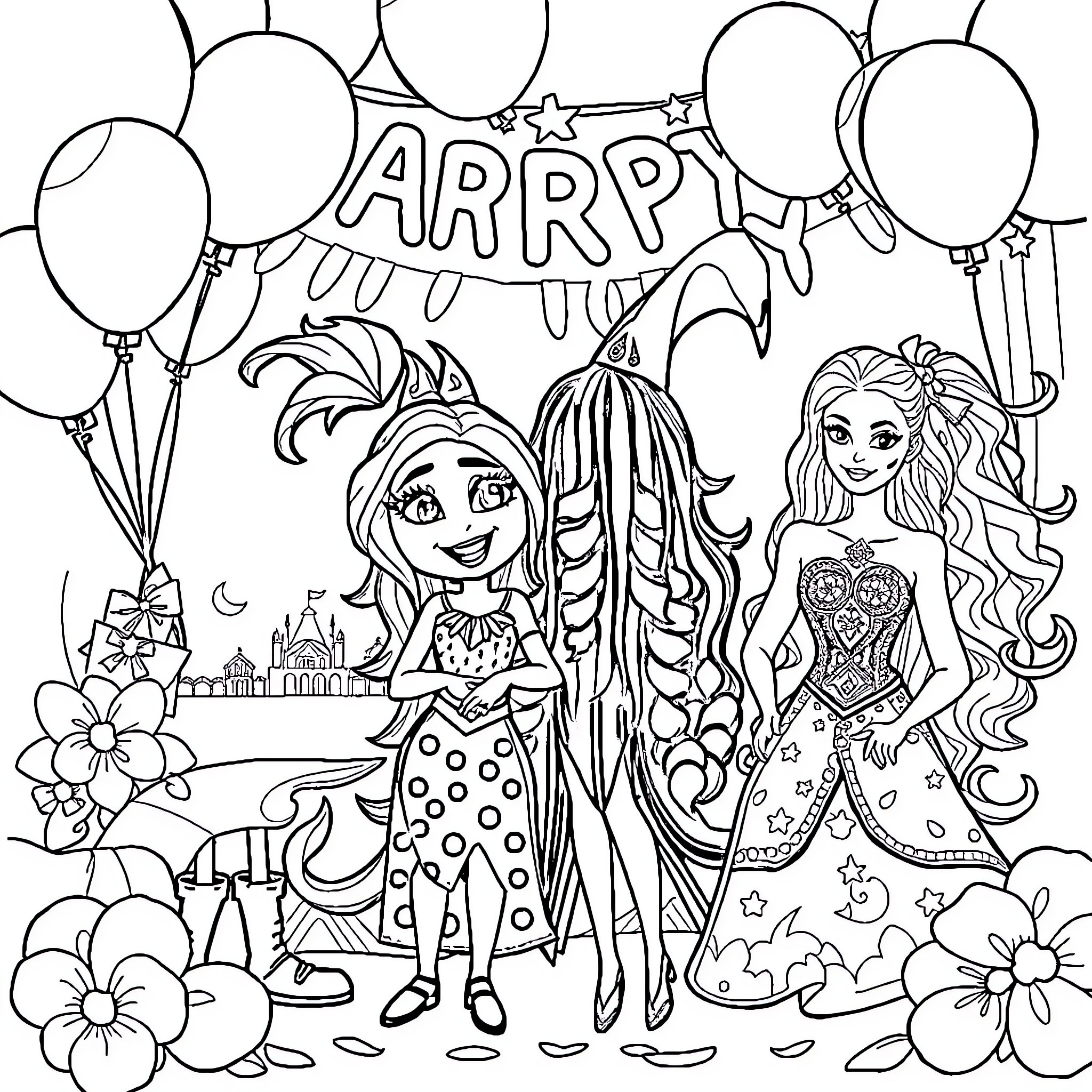 Mal's Colorful Birthday Party Adventure Coloring Page (free black-and-white line drawing printable PDF for all, from beginners to advanced learners, including children, teens, adults, and seniors)